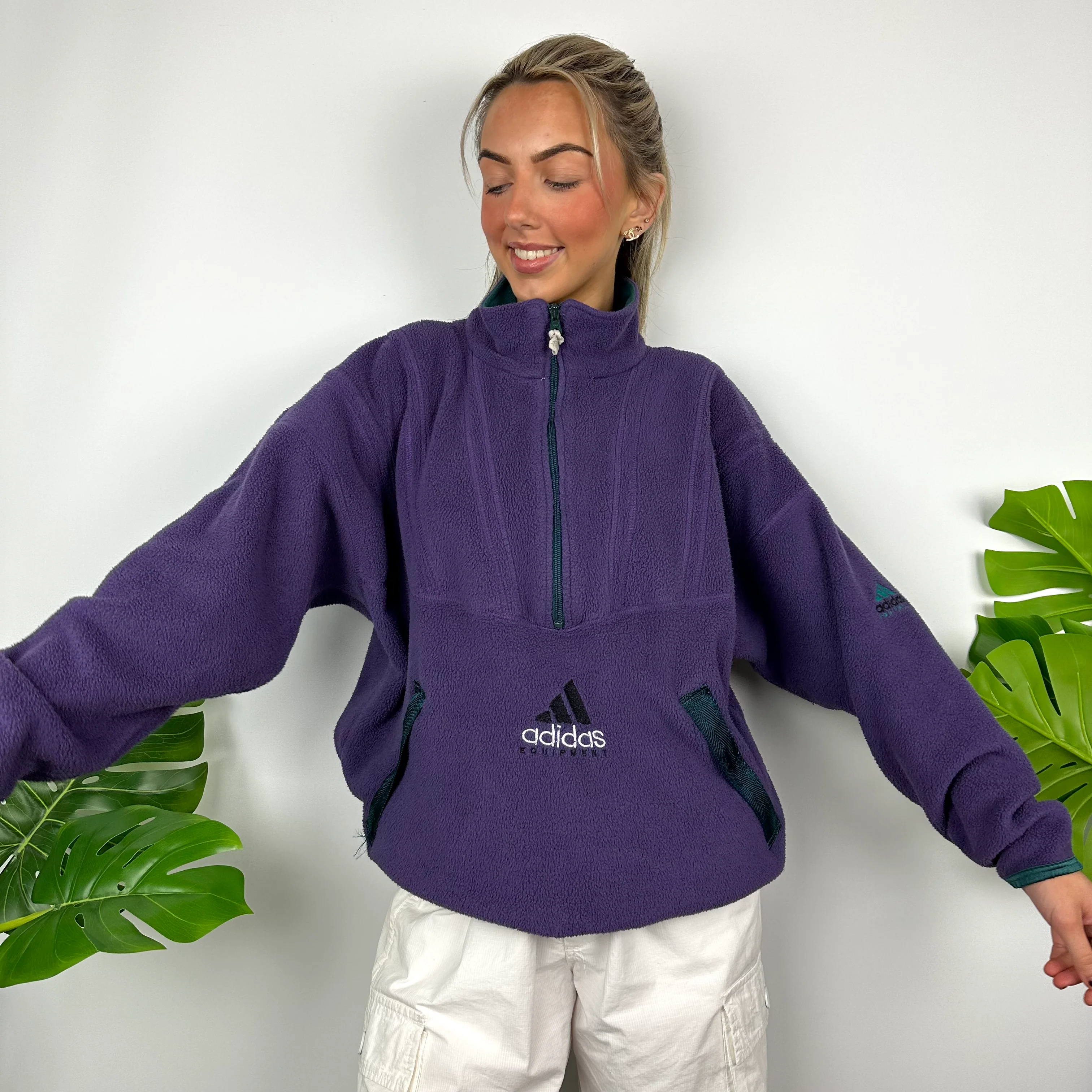 Adidas Equipment Purple Embroidered Spell Out Teddy Bear Fleece Quarter Zip Sweatshirt (M) - Image 2