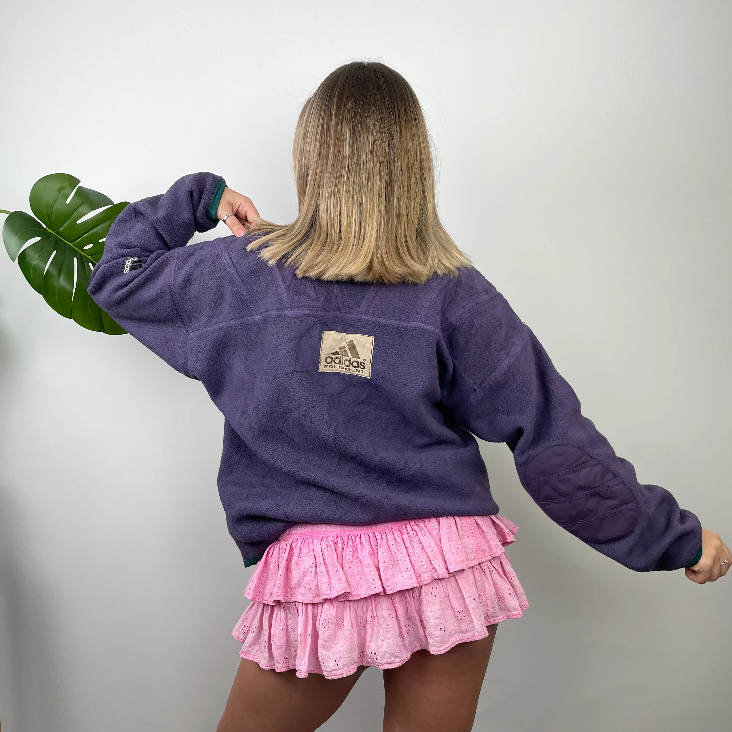 Adidas Equipment Purple Embroidered Spell Out Teddy Bear Fleece Quarter Zip Sweatshirt (M) - Image 6