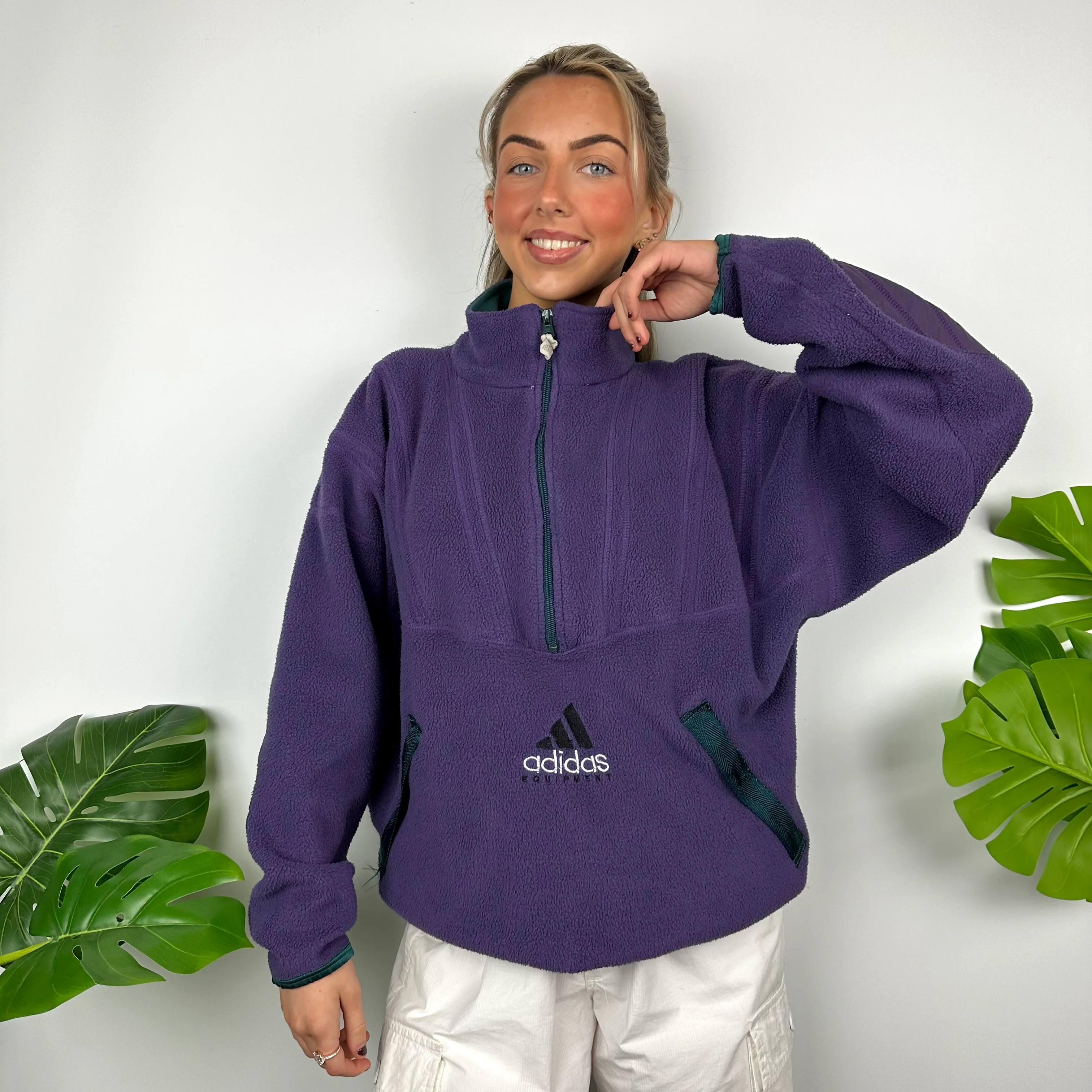 Adidas Equipment Purple Embroidered Spell Out Teddy Bear Fleece Quarter Zip Sweatshirt (M) - Image 3