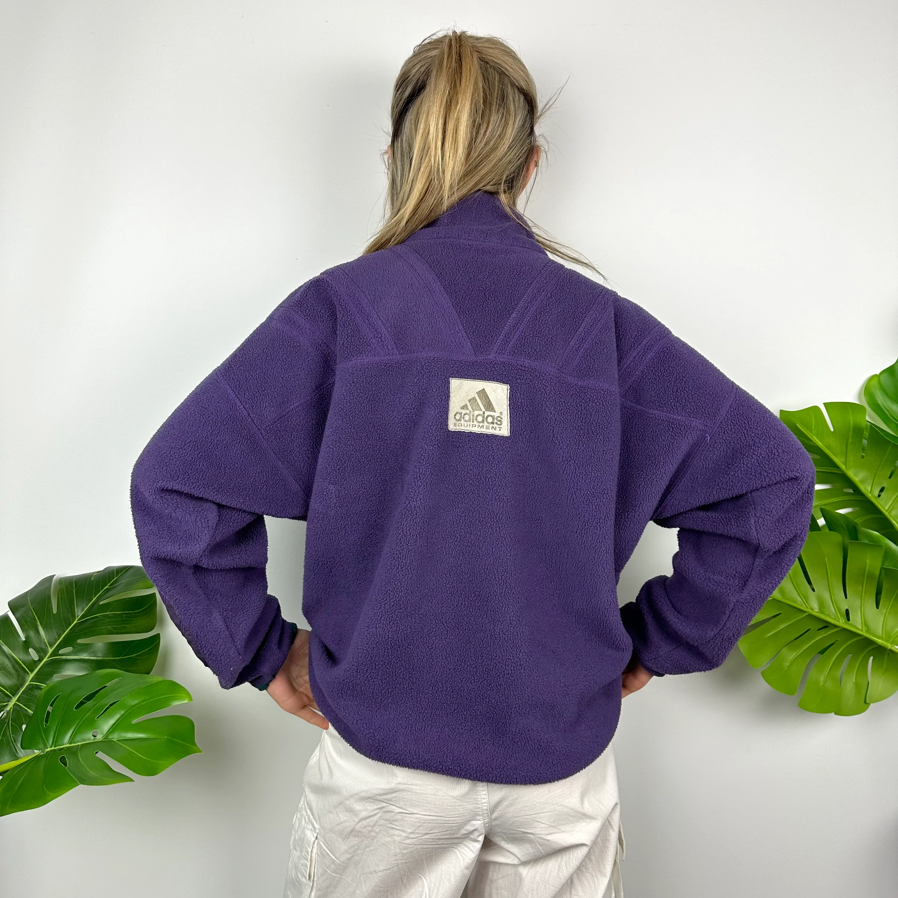 Adidas Equipment Purple Embroidered Spell Out Teddy Bear Fleece Quarter Zip Sweatshirt (M) - Image 4