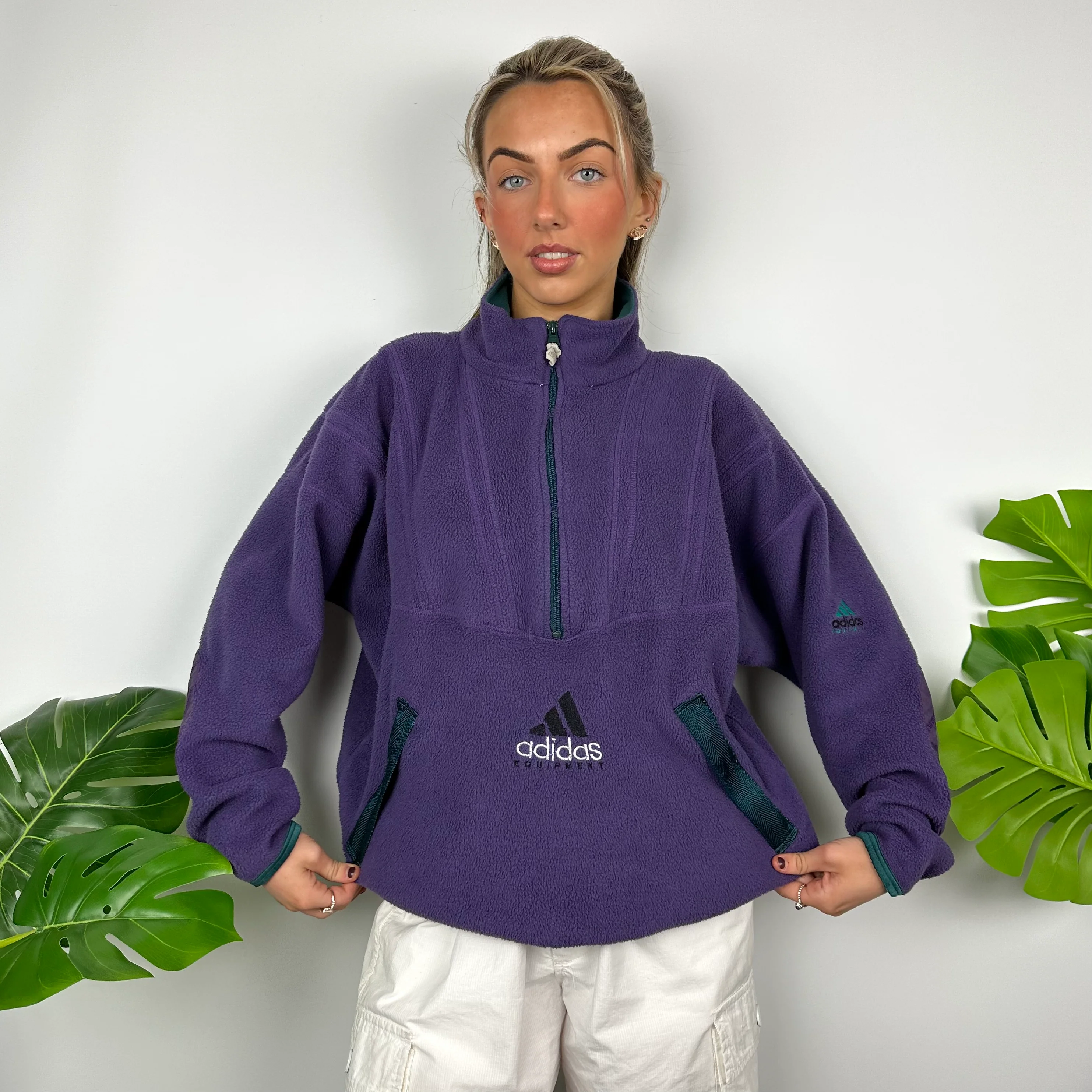 Adidas Equipment Purple Embroidered Spell Out Teddy Bear Fleece Quarter Zip Sweatshirt (M) - Image 6