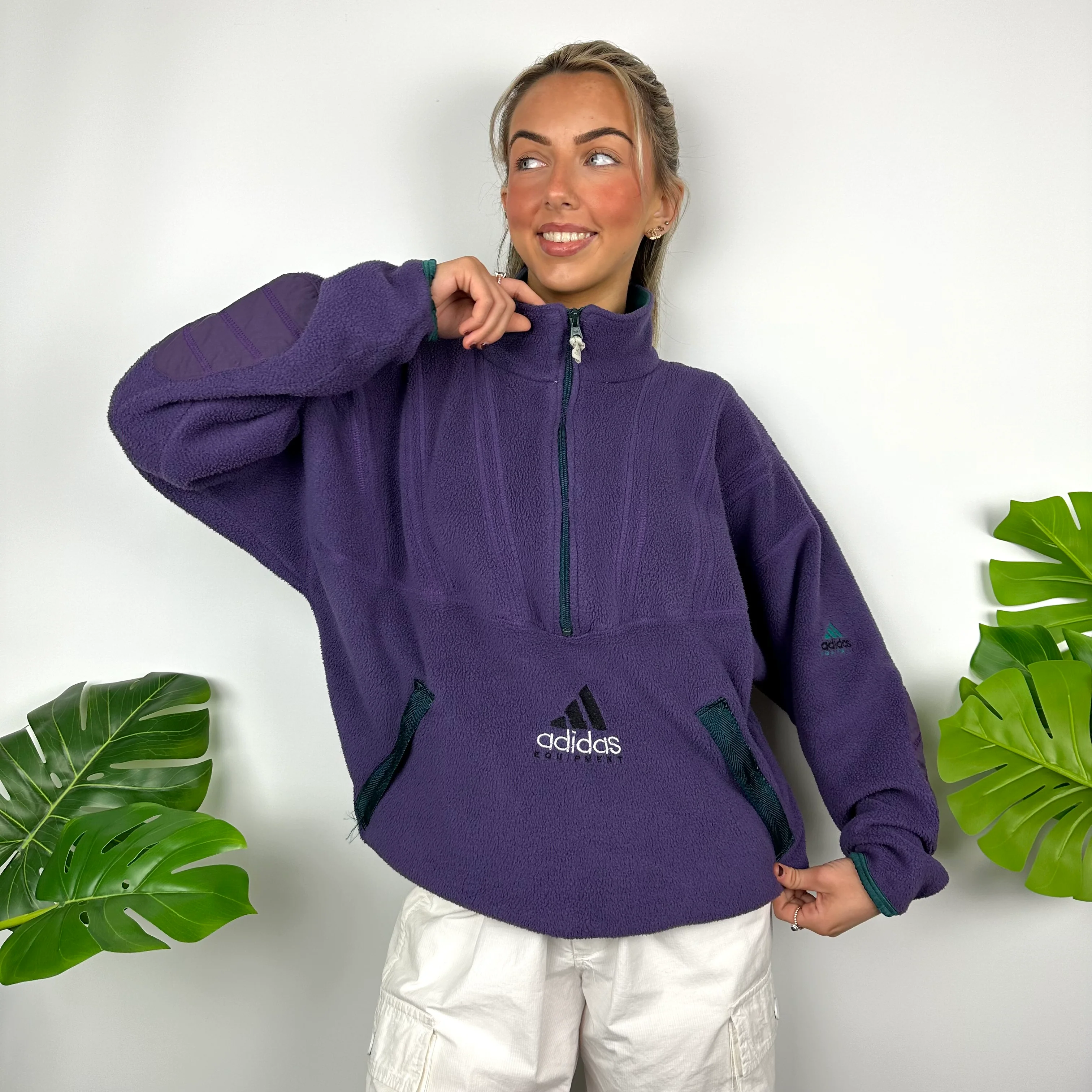 Adidas Equipment Purple Embroidered Spell Out Teddy Bear Fleece Quarter Zip Sweatshirt (M) - Image 7