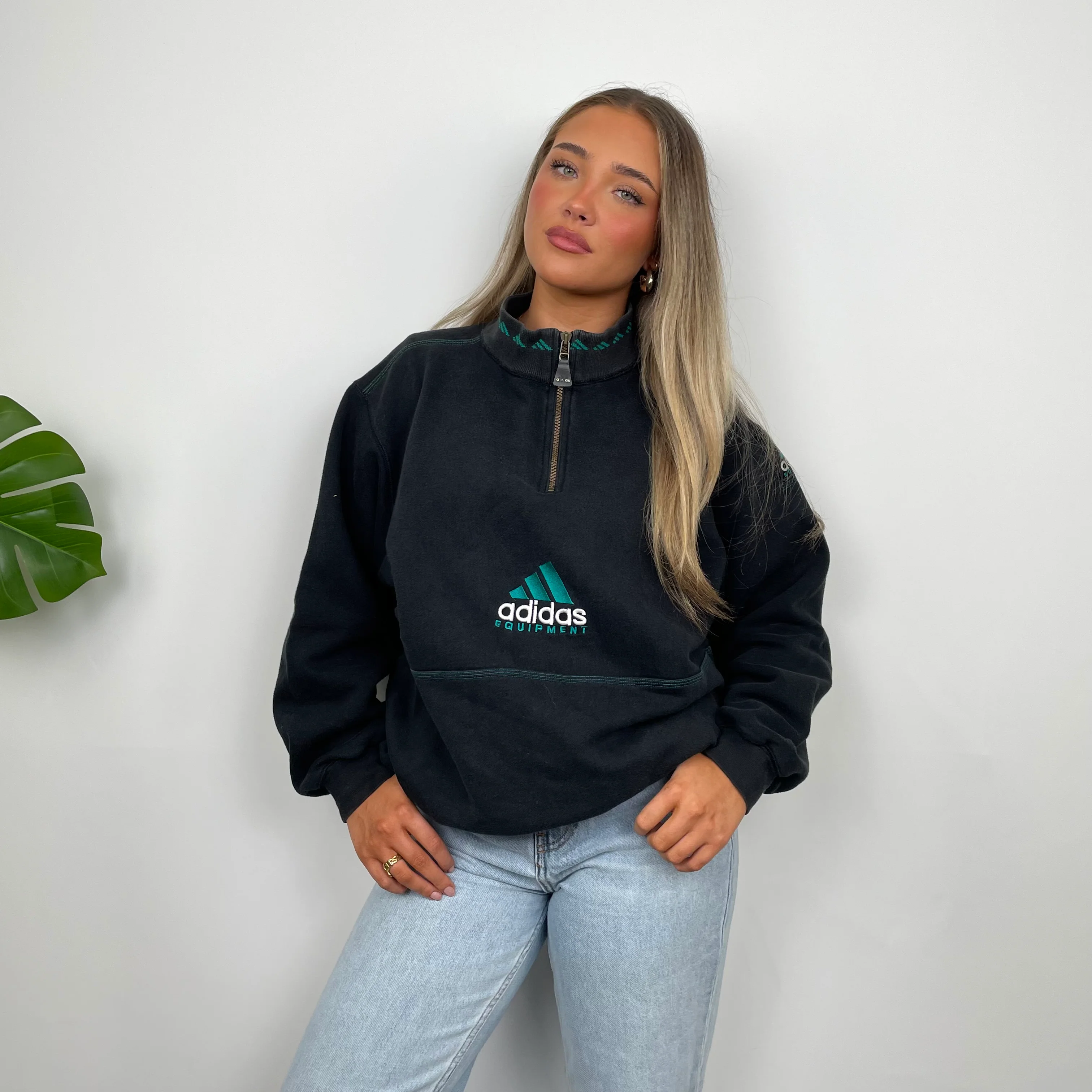 Adidas Equipment RARE Black Embroidered Spell Out Quarter Zip Sweatshirt (L) - Image 2
