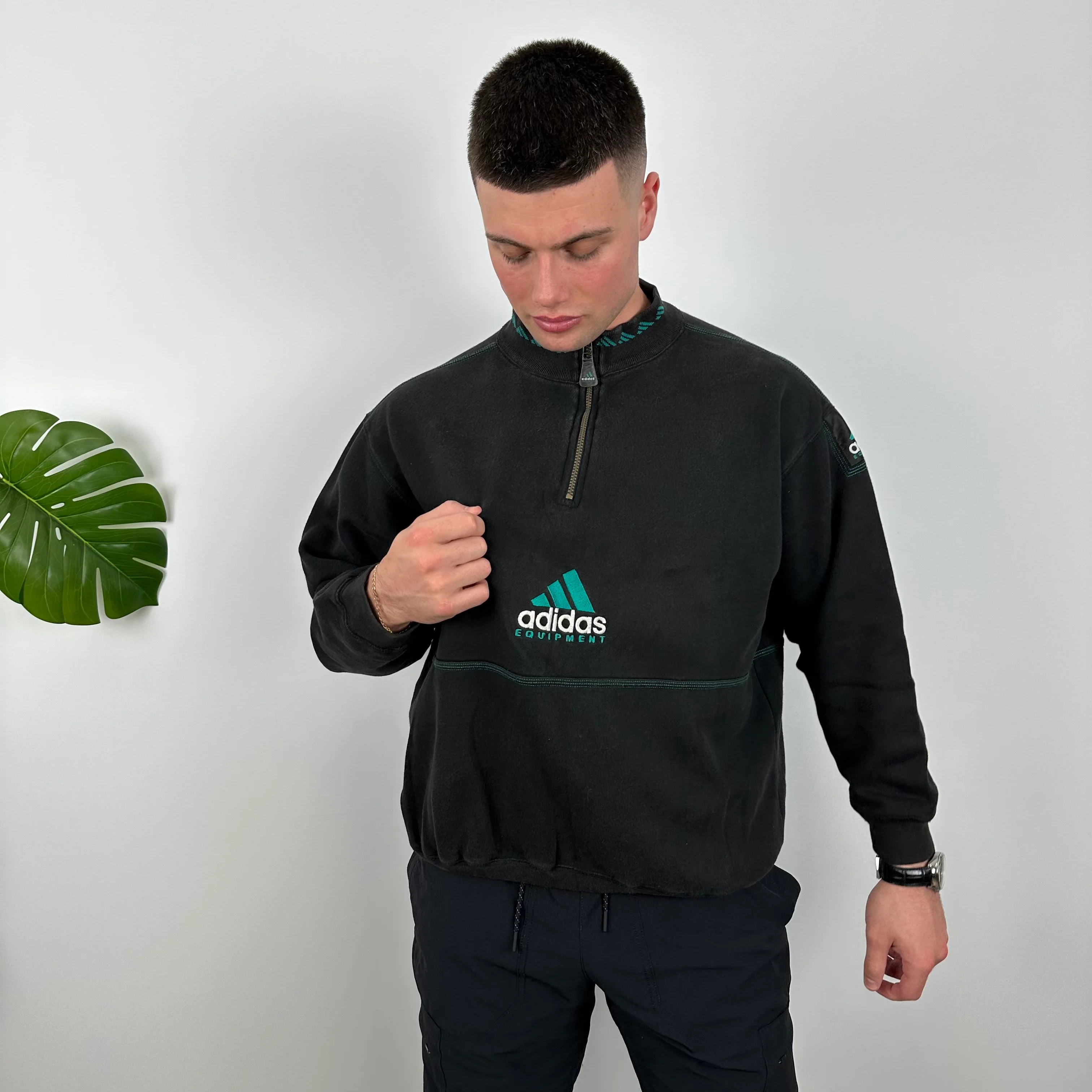Adidas Equipment RARE Black Embroidered Spell Out Quarter Zip Sweatshirt (M) - Image 4