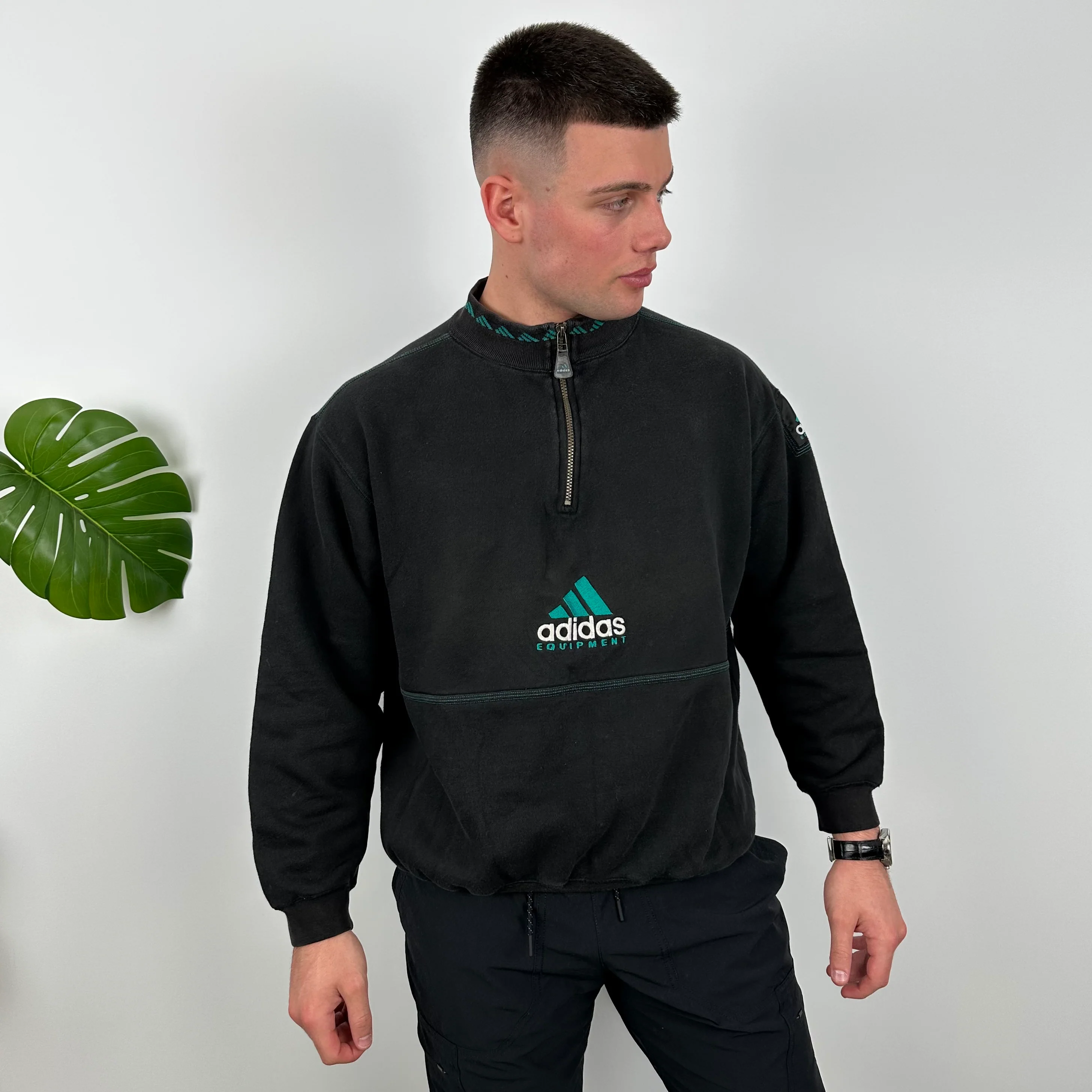Adidas Equipment RARE Black Embroidered Spell Out Quarter Zip Sweatshirt (M) - Image 6