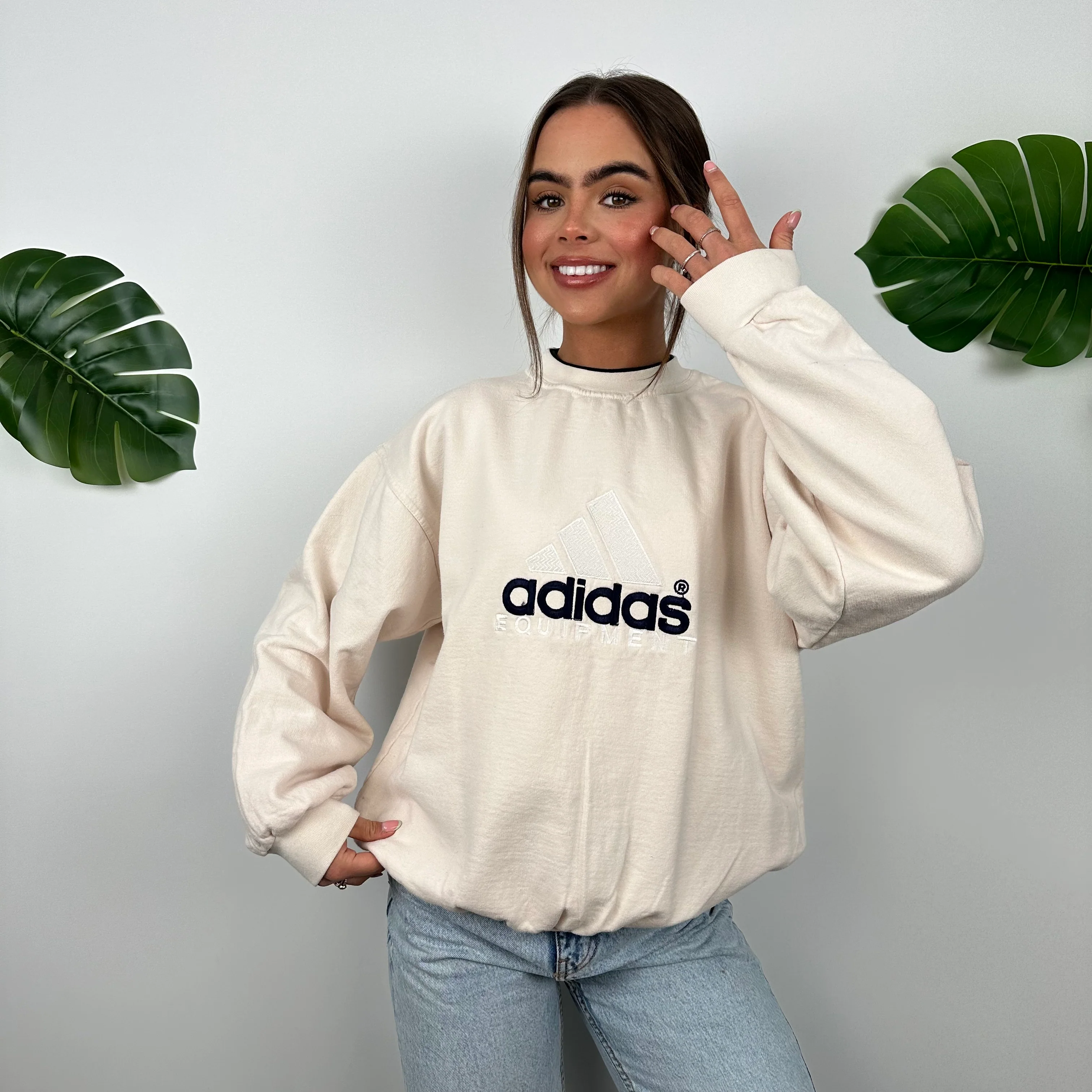 Adidas Equipment RARE Cream Embroidered Spell Out Sweatshirt (S) - Image 5