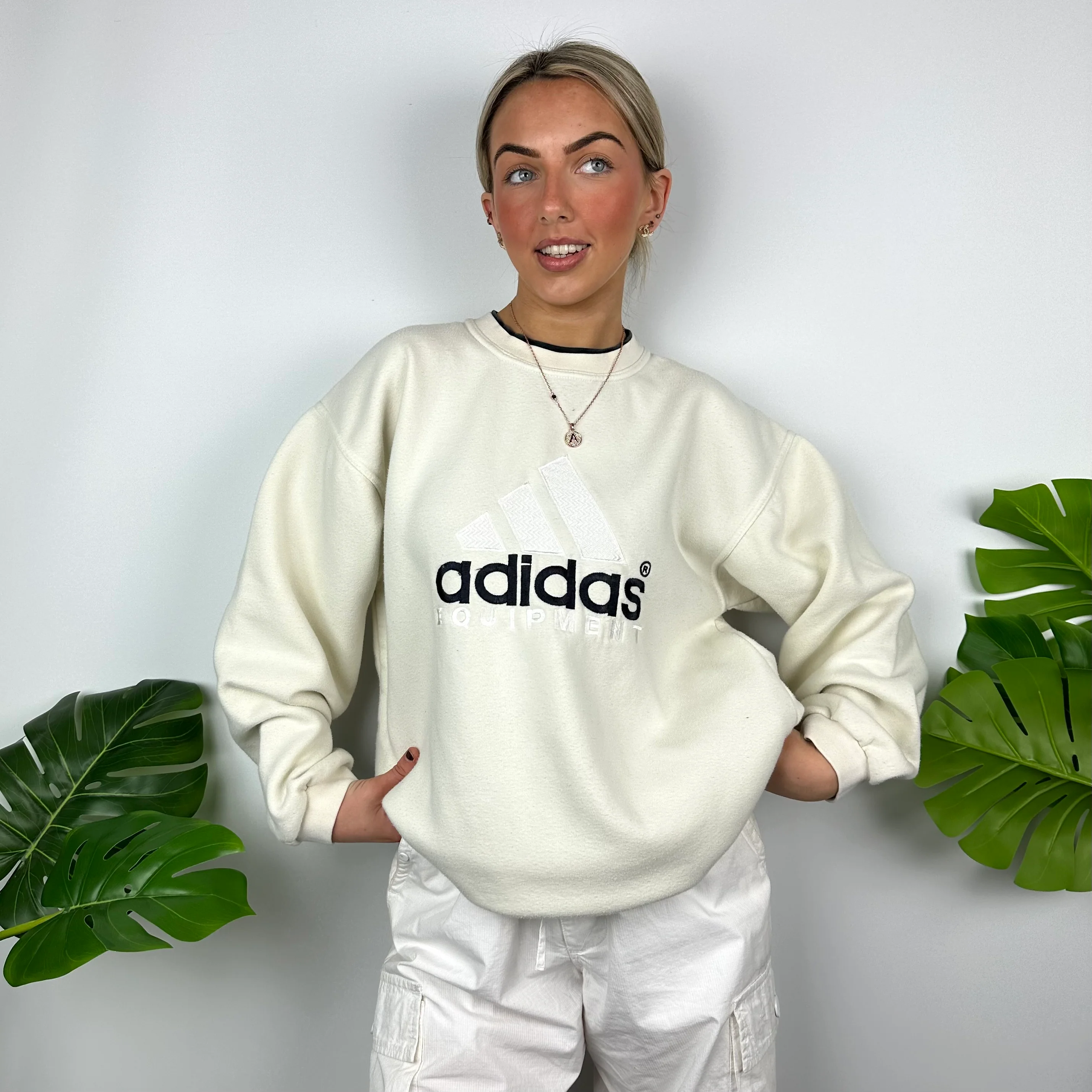 Adidas Equipment RARE Cream Embroidered Spell Out Sweatshirt (L) - Image 2
