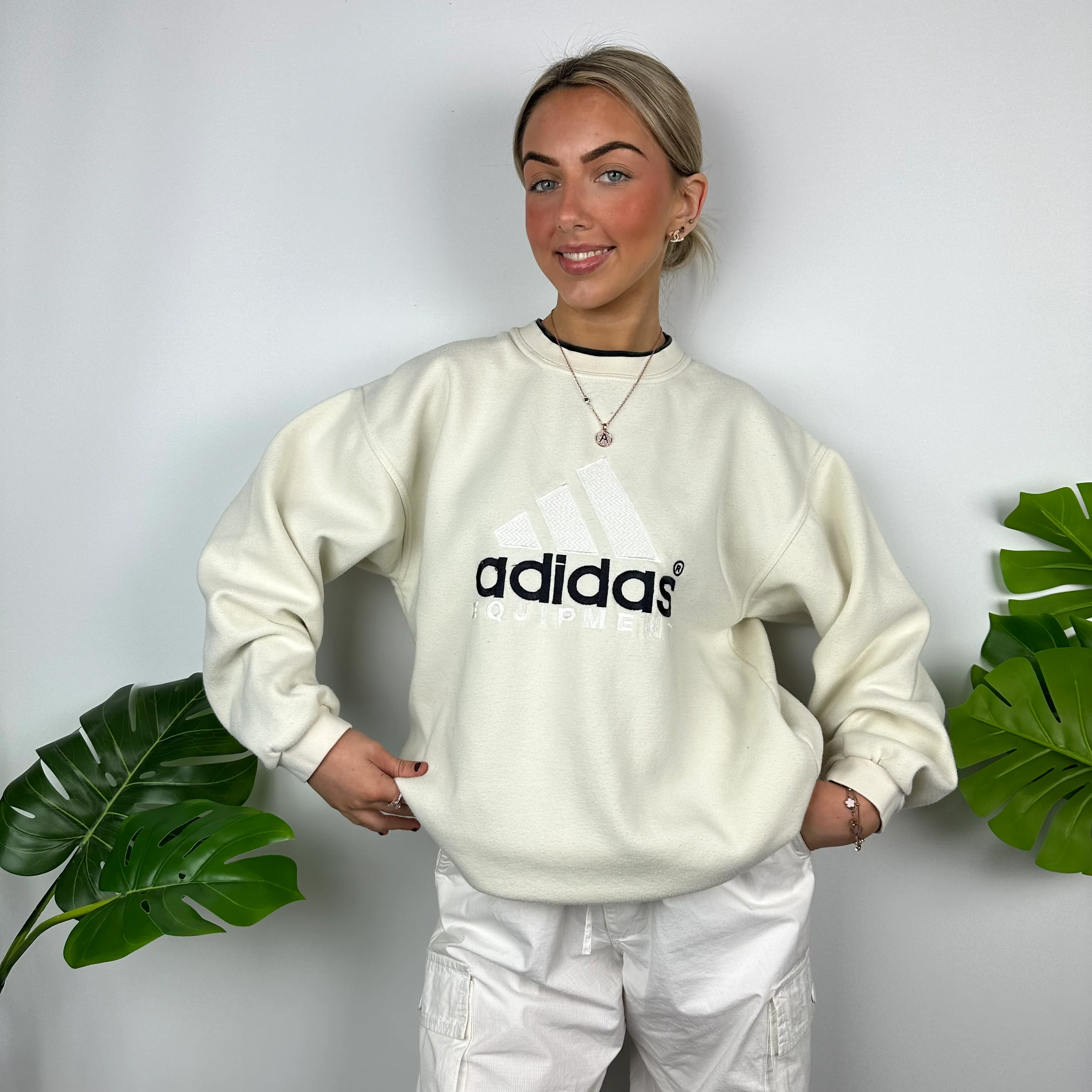 Adidas Equipment RARE Cream Embroidered Spell Out Sweatshirt (L) - Image 5