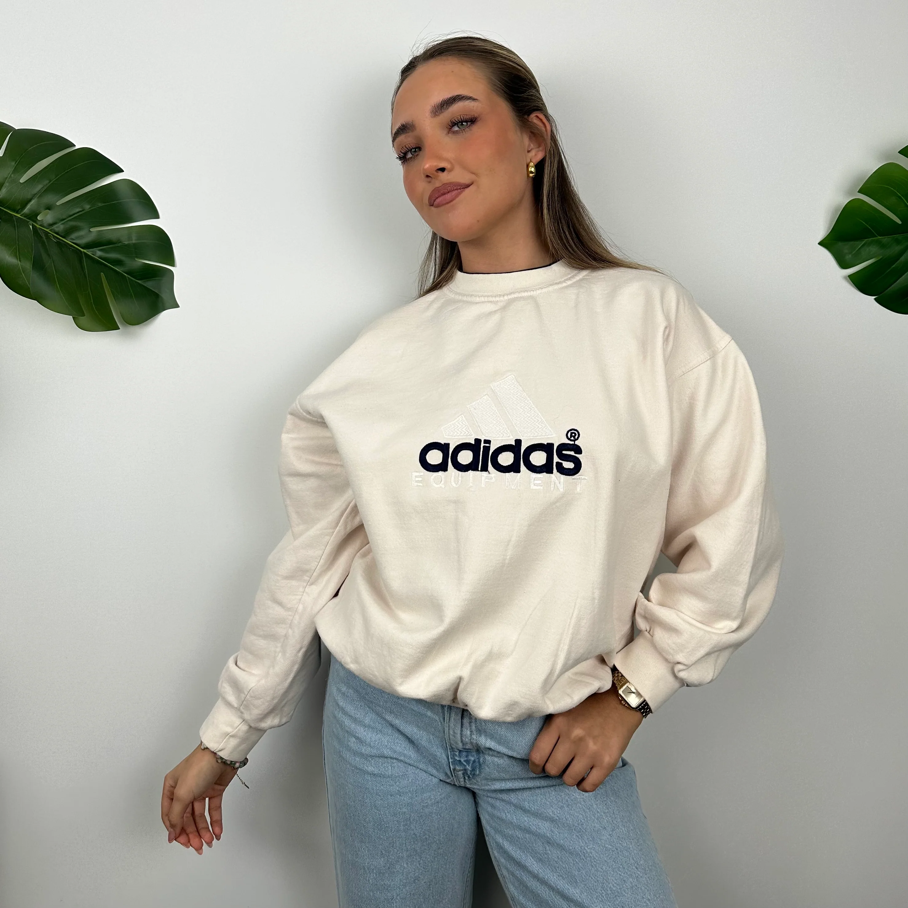 Adidas Equipment RARE Cream Embroidered Spell Out Sweatshirt (M) - Image 4