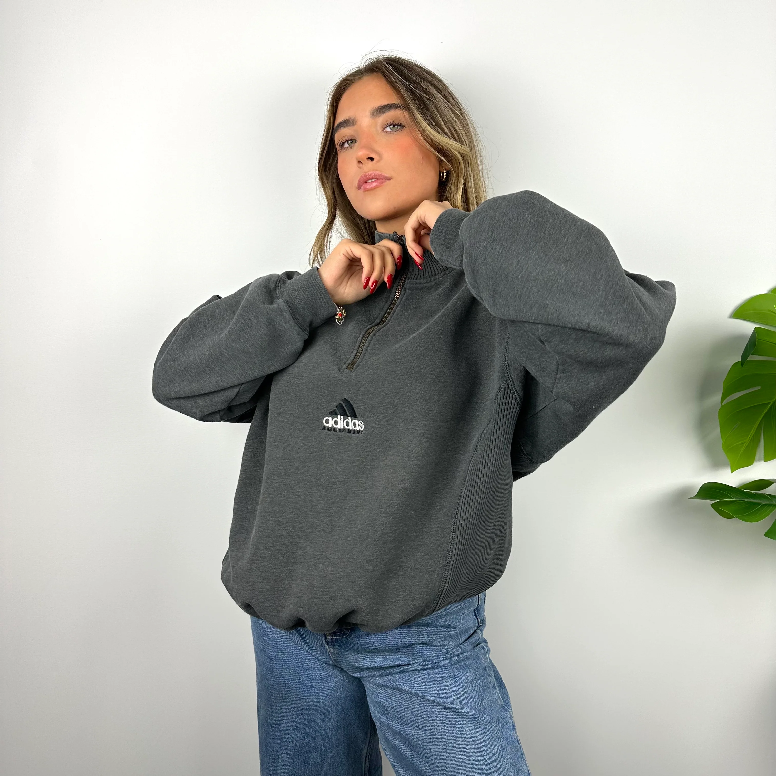 Adidas Equipment RARE Grey Embroidered Spell Out Quarter Zip Sweatshirt (M) - Image 3