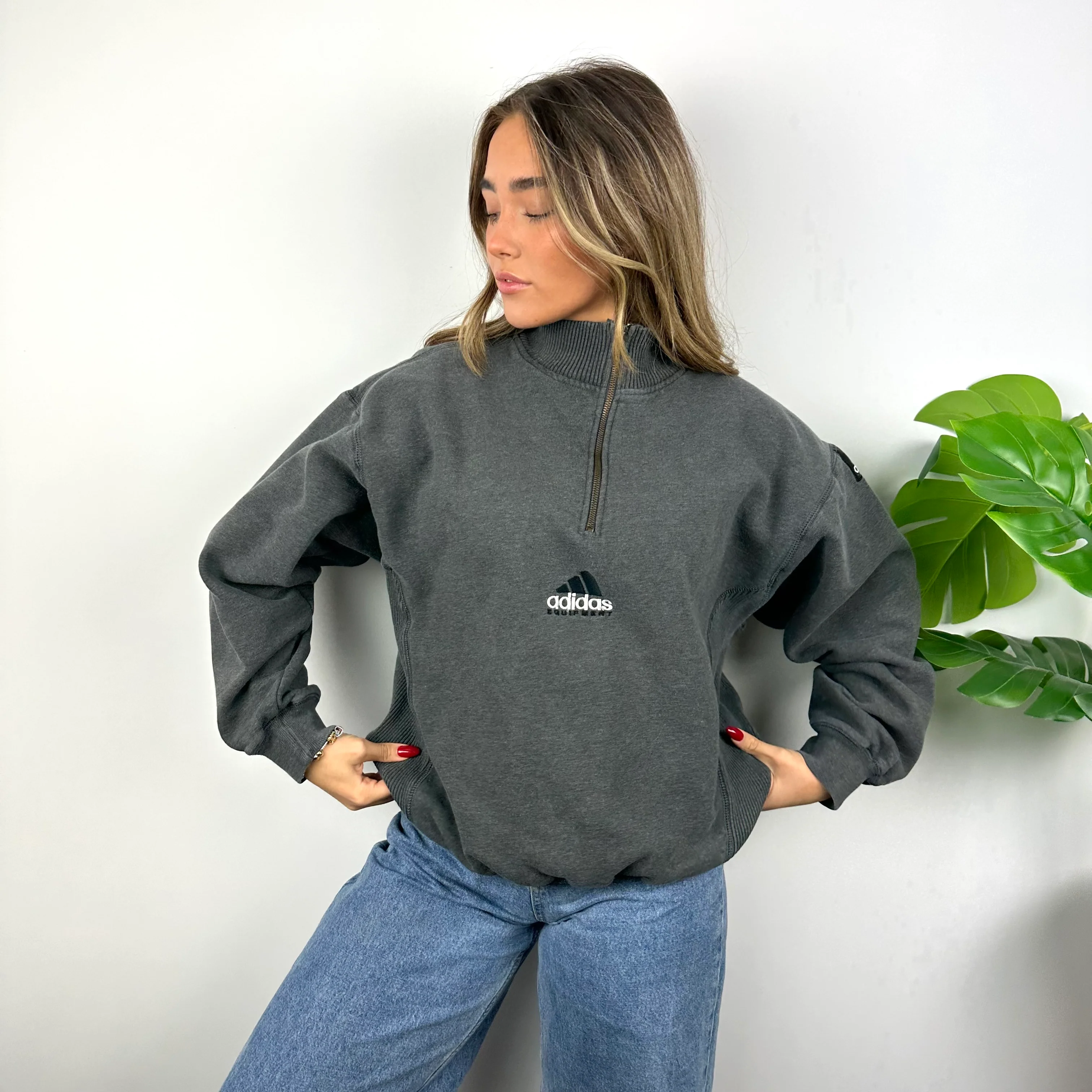 Adidas Equipment RARE Grey Embroidered Spell Out Quarter Zip Sweatshirt (M) - Image 4