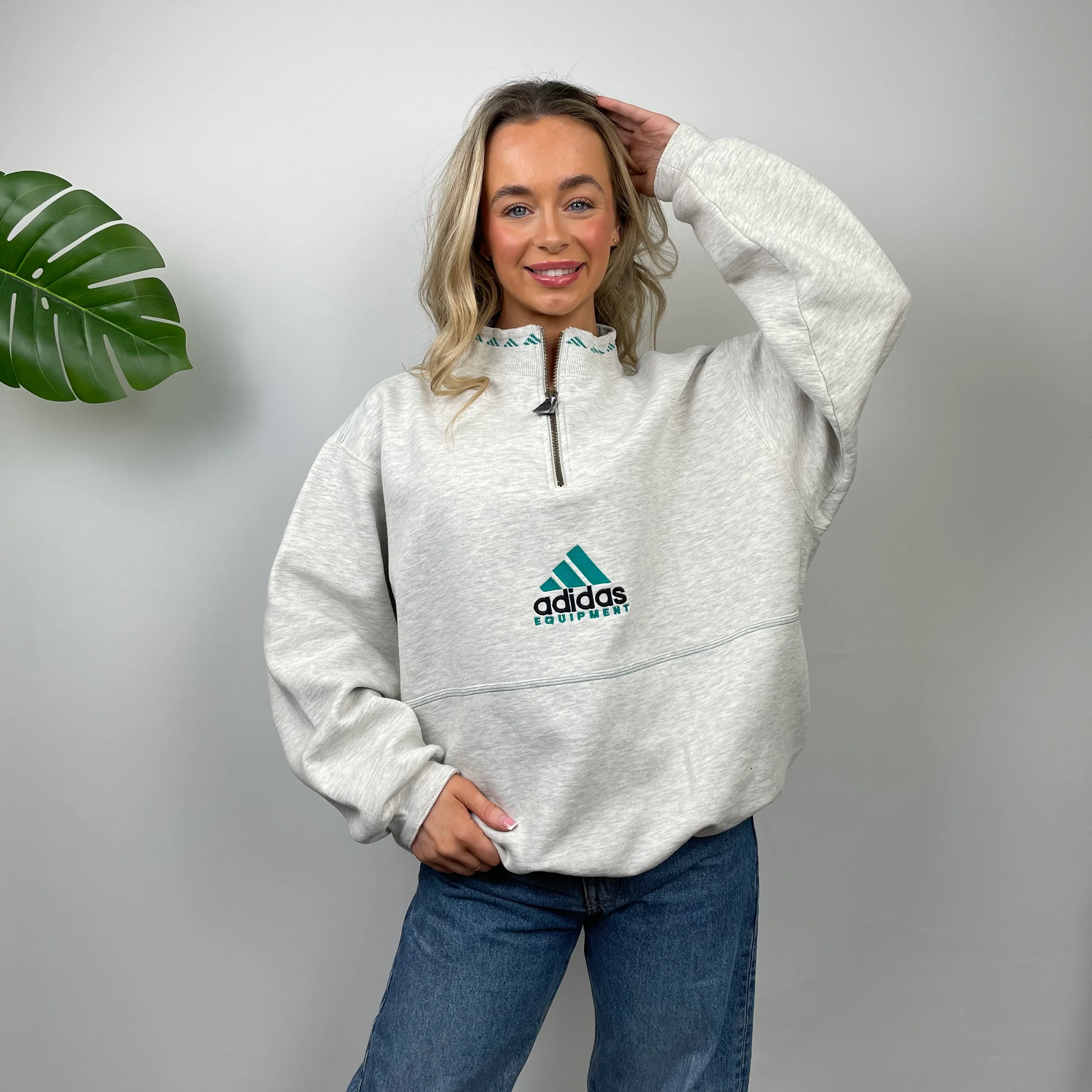 Adidas Equipment RARE Grey Embroidered Spell Out Quarter Zip Sweatshirt (M) - Image 2