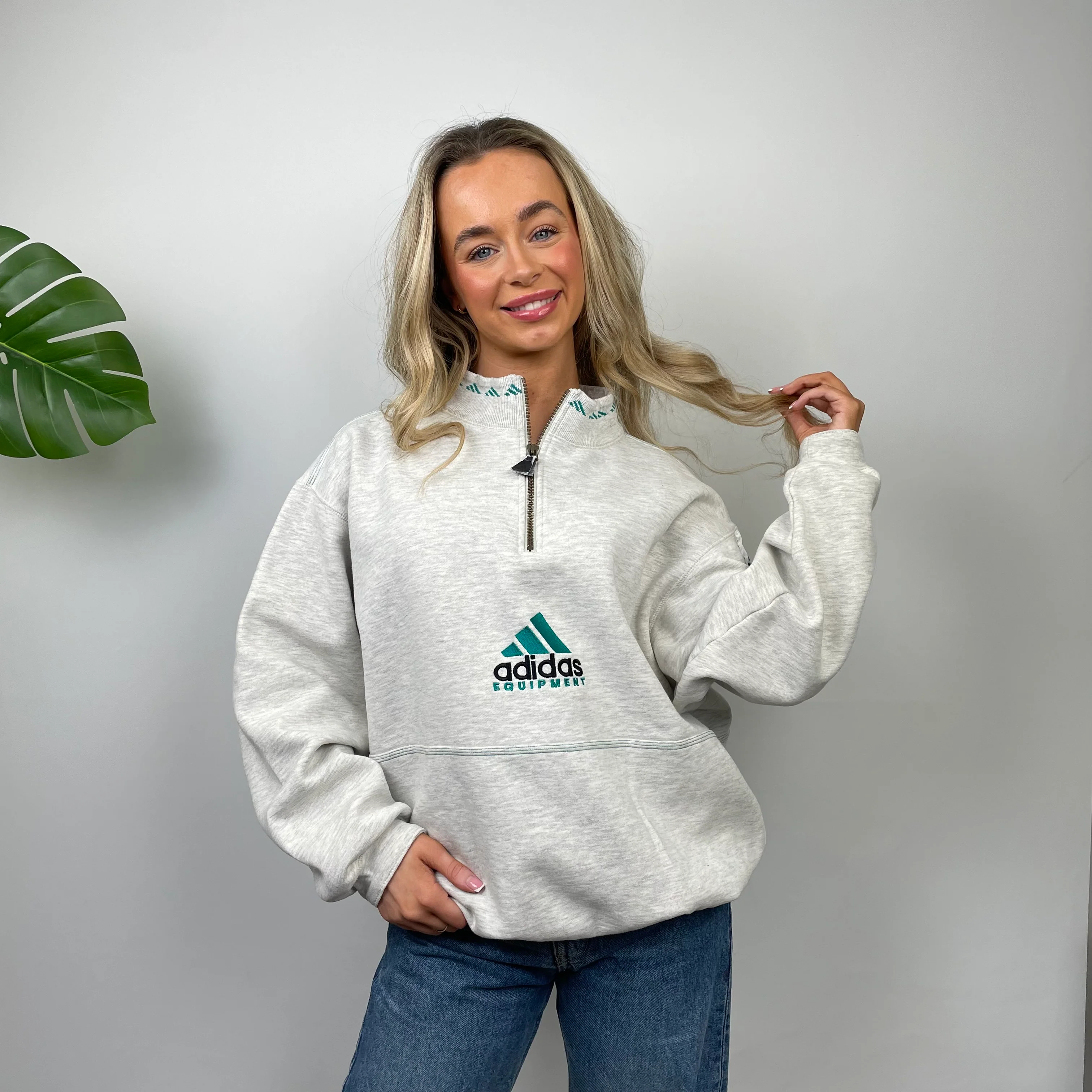 Adidas Equipment RARE Grey Embroidered Spell Out Quarter Zip Sweatshirt (M) - Image 3
