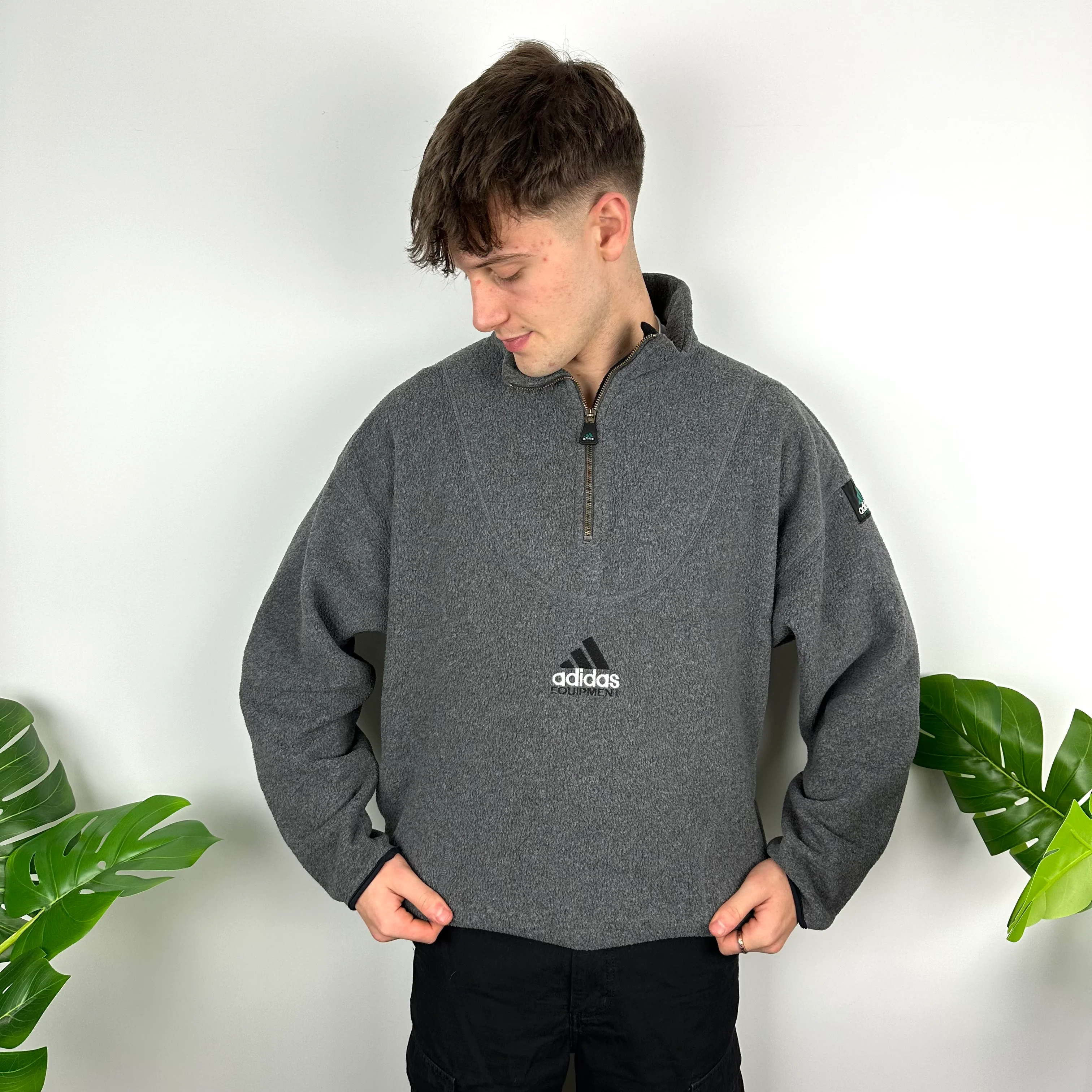 Adidas Equipment RARE Grey Embroidered Spell Out Teddy Bear Fleece Quarter Zip Sweatshirt (XL) - Image 4