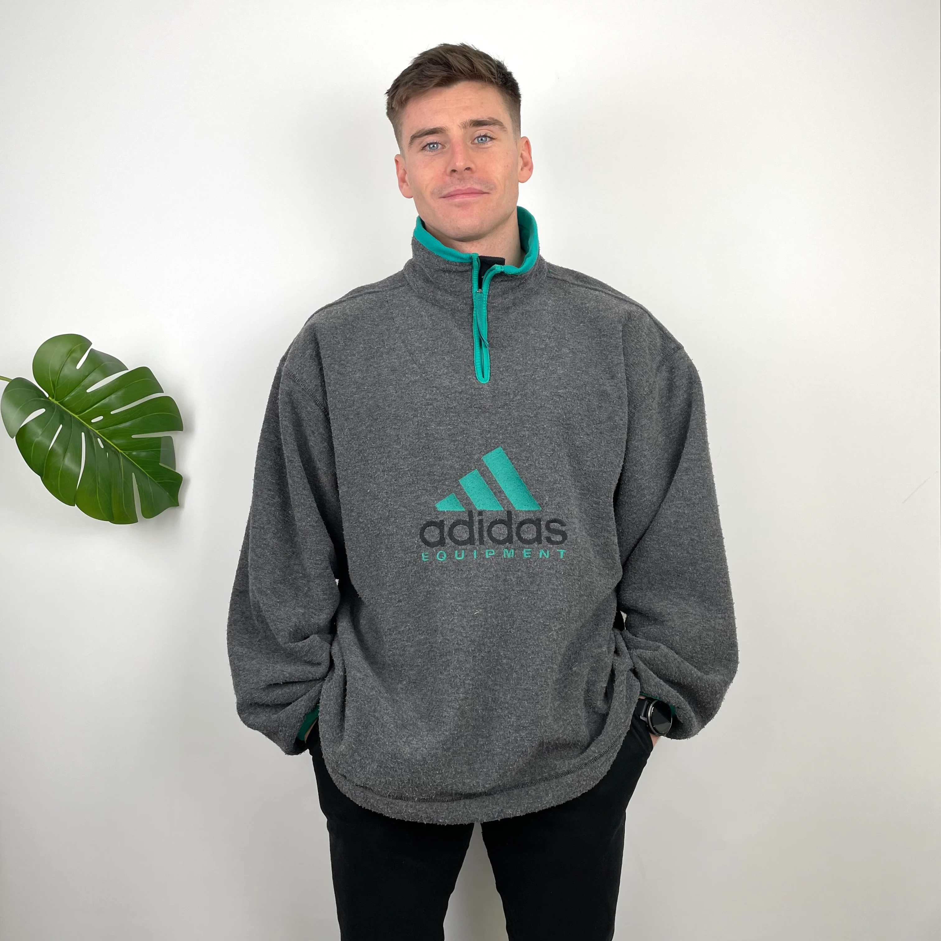 Adidas Equipment RARE Grey Embroidered Spell Out Teddy Bear Fleece Quarter Zip Sweatshirt (XL)