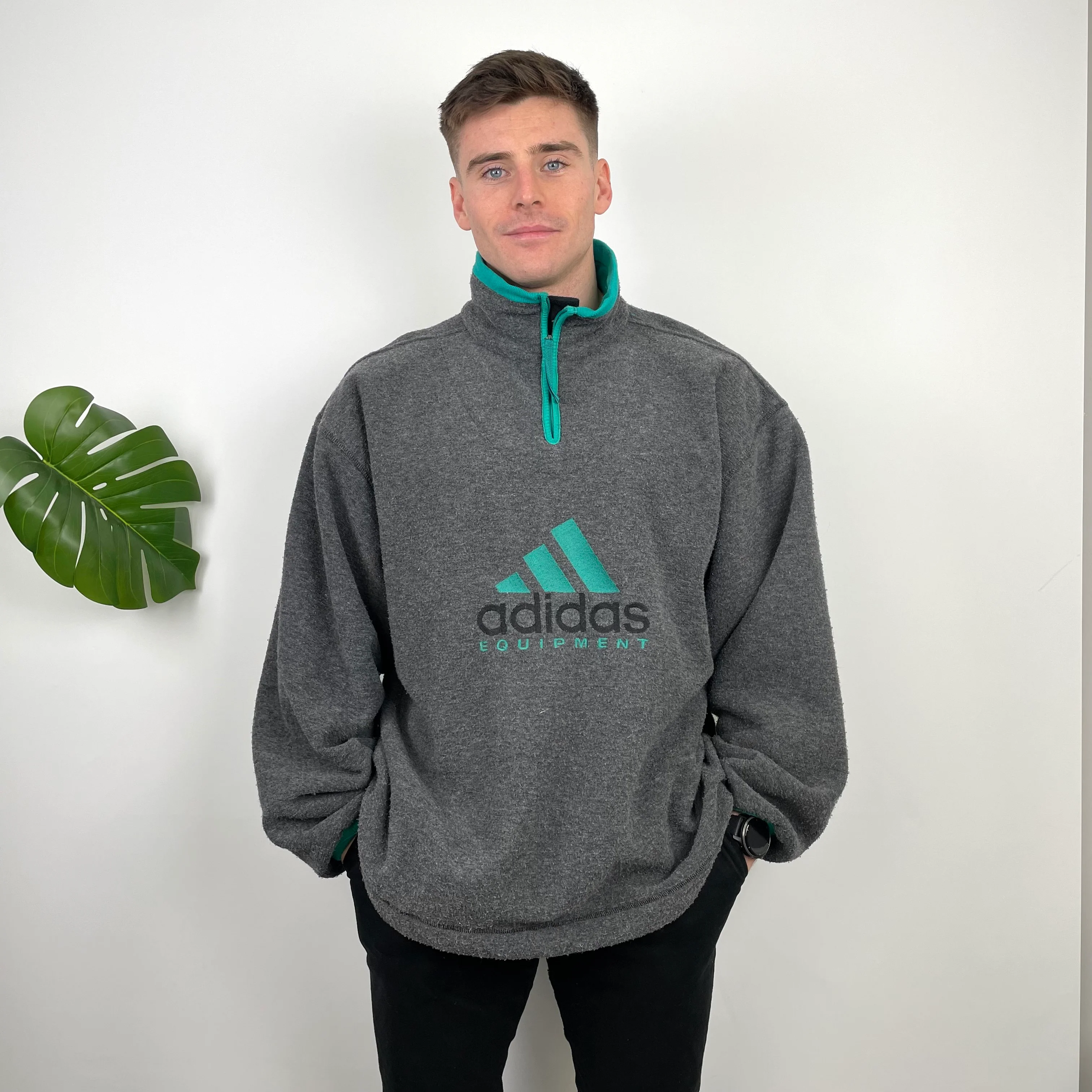 Adidas Equipment RARE Grey Embroidered Spell Out Teddy Bear Fleece Quarter Zip Sweatshirt (XL) - Image 3