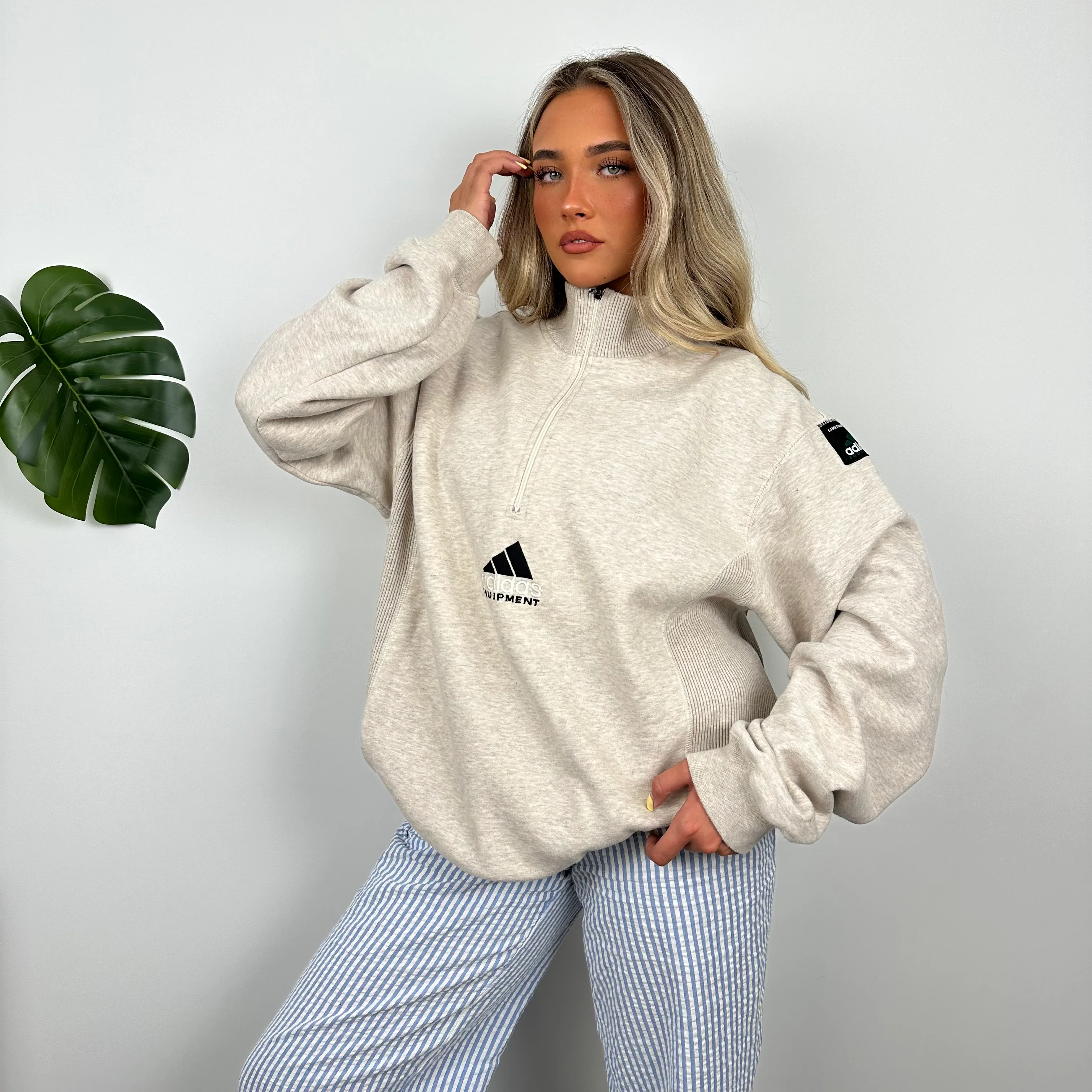 Adidas Equipment RARE Light Grey Embroidered Spell Out Quarter Zip Sweatshirt (L) - Image 2