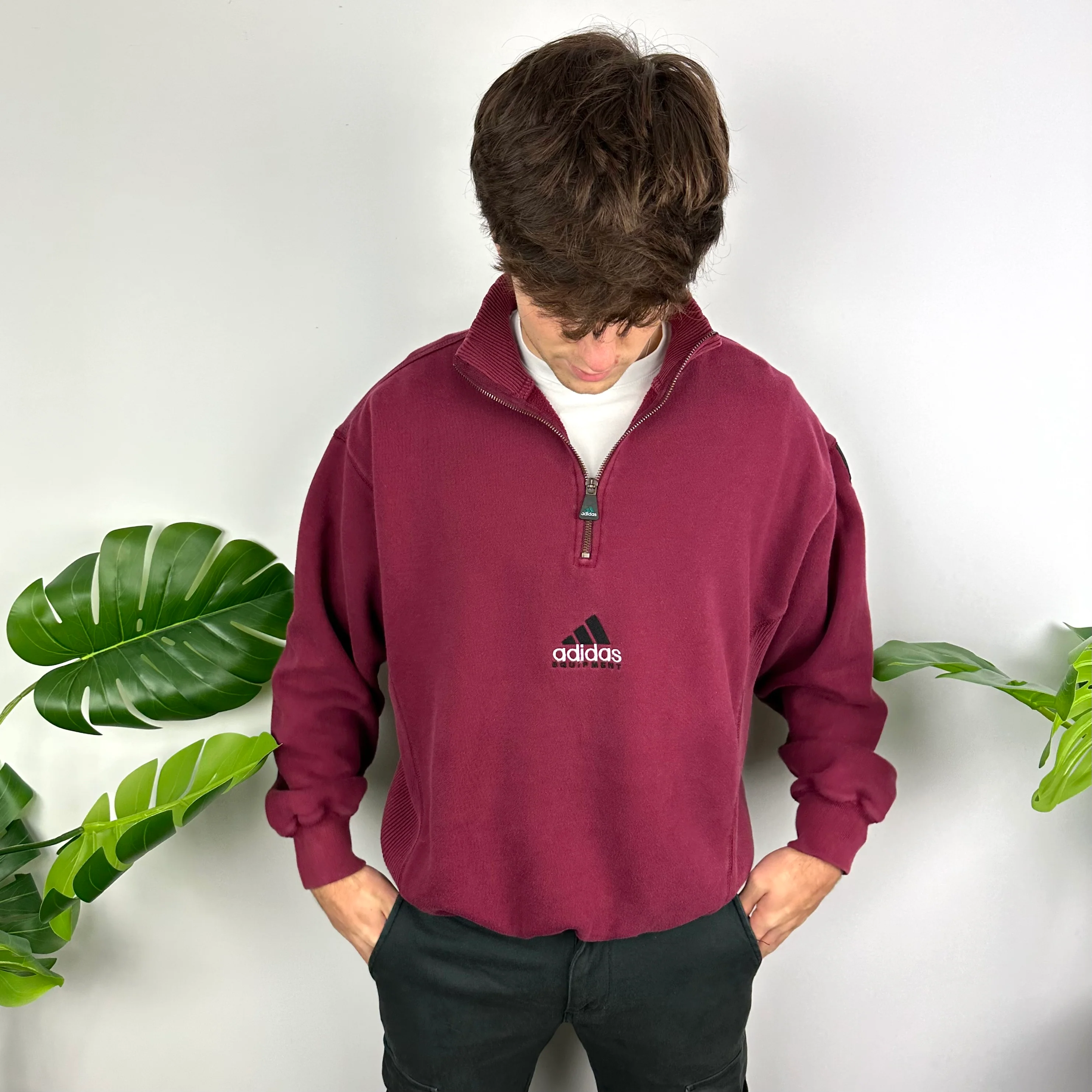 Adidas Equipment RARE Maroon Embroidered Spell Out Quarter Zip Sweatshirt (M) - Image 2