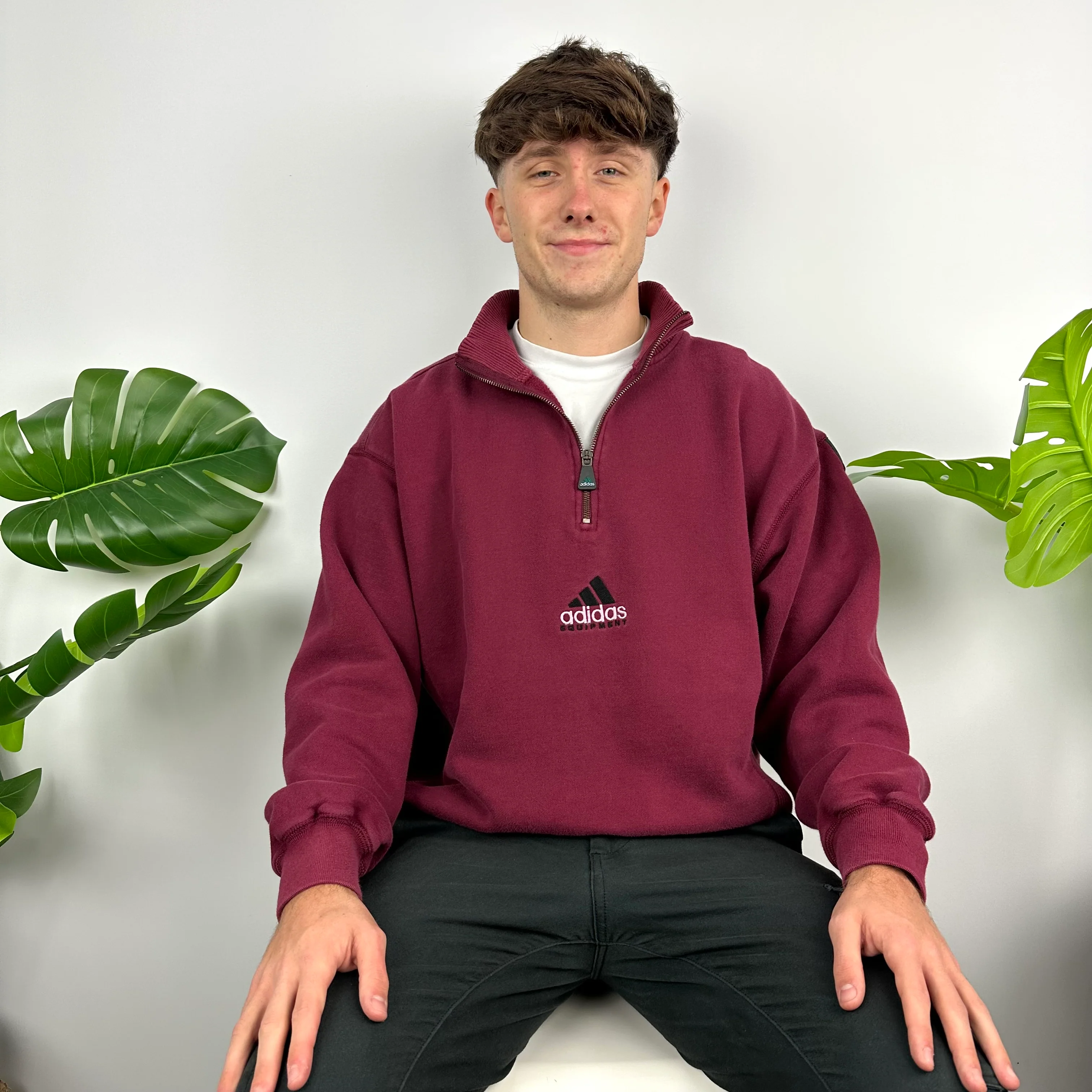Adidas Equipment RARE Maroon Embroidered Spell Out Quarter Zip Sweatshirt (M) - Image 3