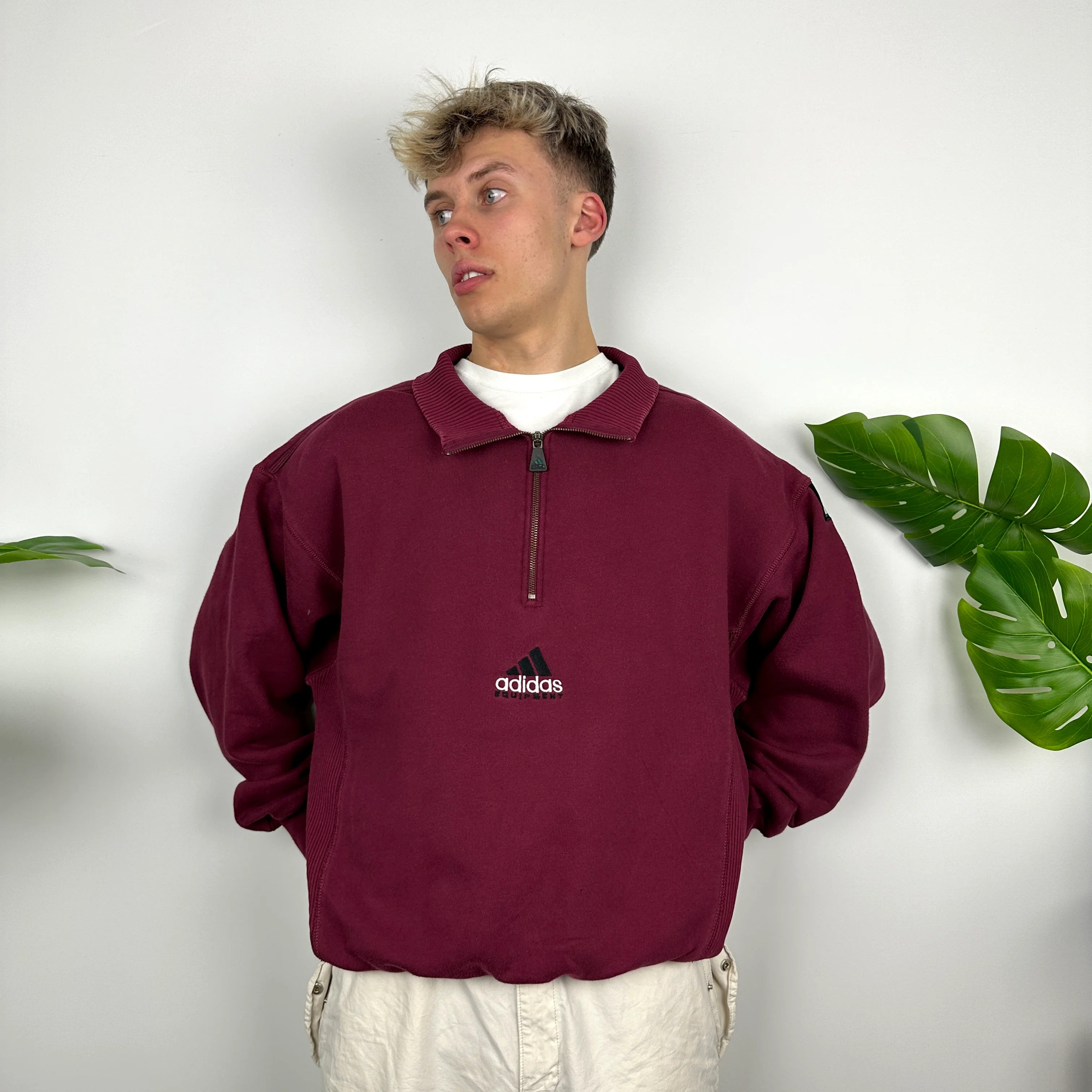 Adidas Equipment RARE Maroon Embroidered Spell Out Quarter Zip Sweatshirt (L) - Image 2