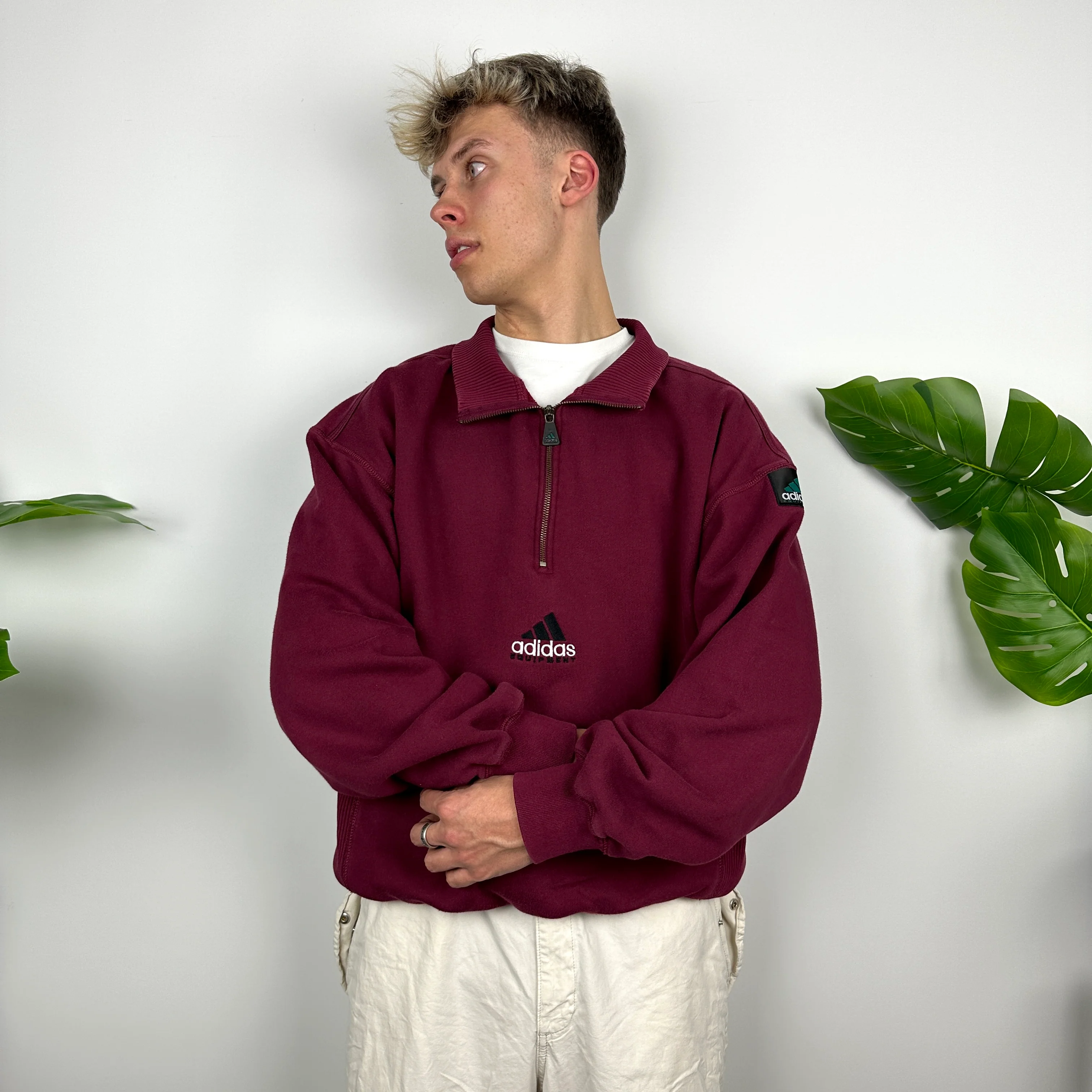 Adidas Equipment RARE Maroon Embroidered Spell Out Quarter Zip Sweatshirt (L) - Image 3