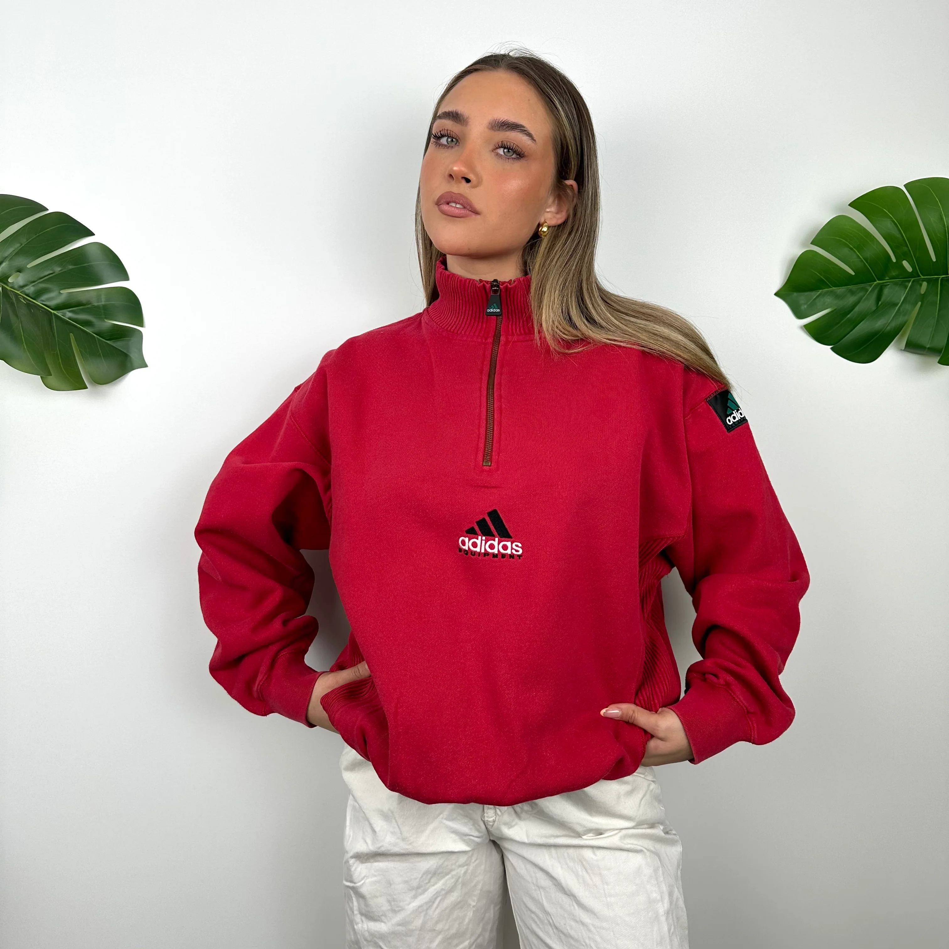 Adidas Equipment RARE Red Embroidered Spell Out Quarter Zip Sweatshirt (L) - Image 4