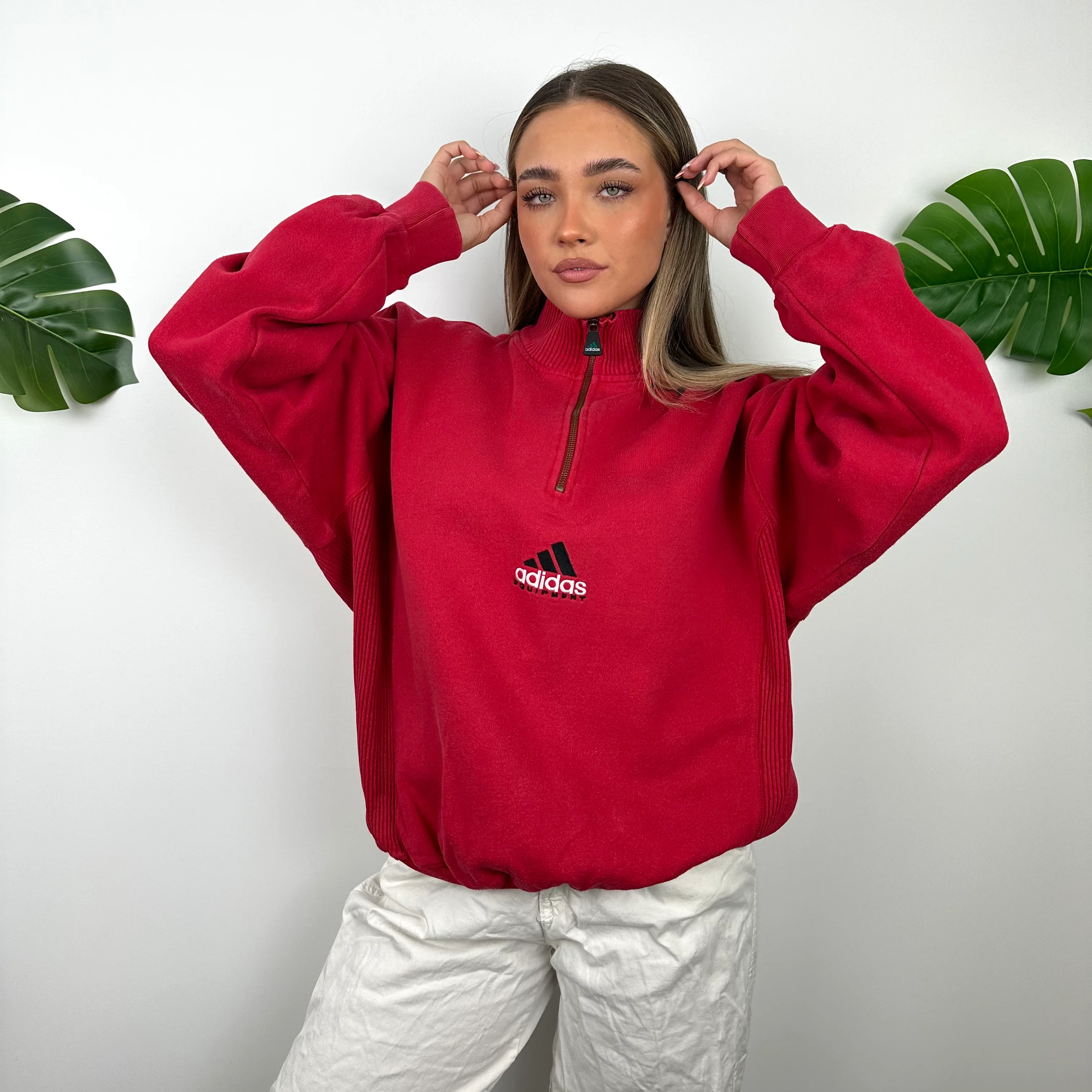 Adidas Equipment RARE Red Embroidered Spell Out Quarter Zip Sweatshirt (L) - Image 6