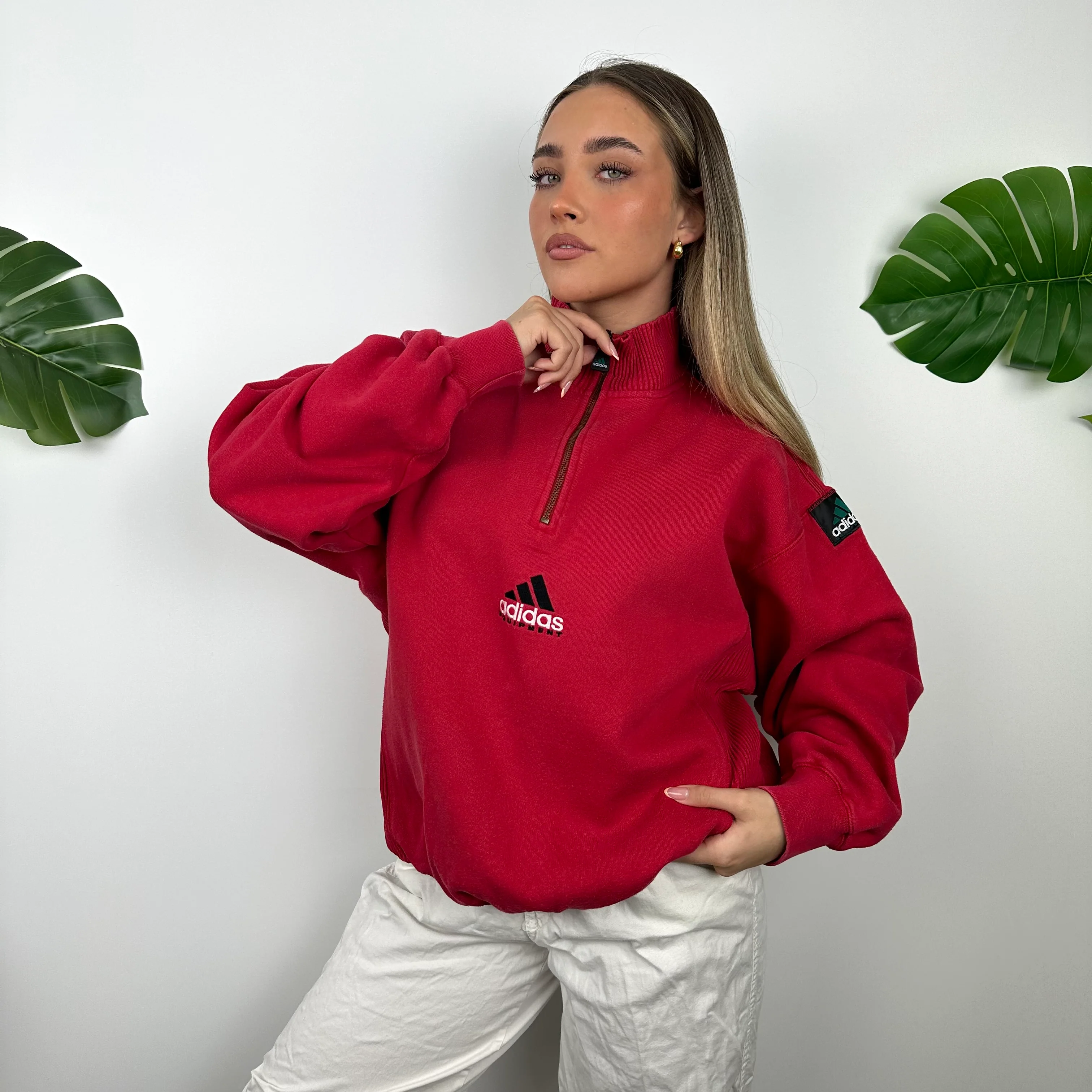 Adidas Equipment RARE Red Embroidered Spell Out Quarter Zip Sweatshirt (L) - Image 7