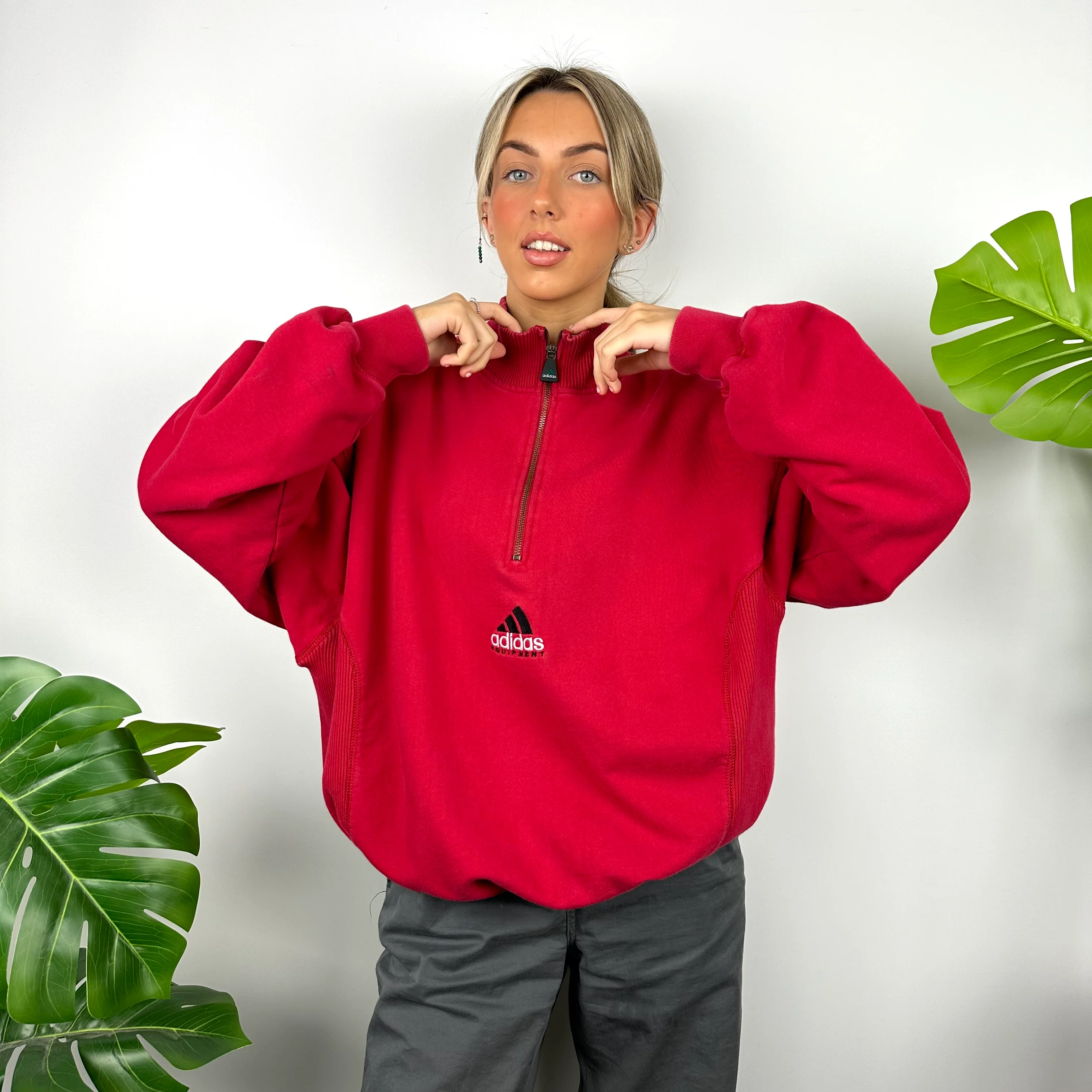 Adidas Equipment RARE Red Embroidered Spell Out Quarter Zip Sweatshirt (XL) - Image 3