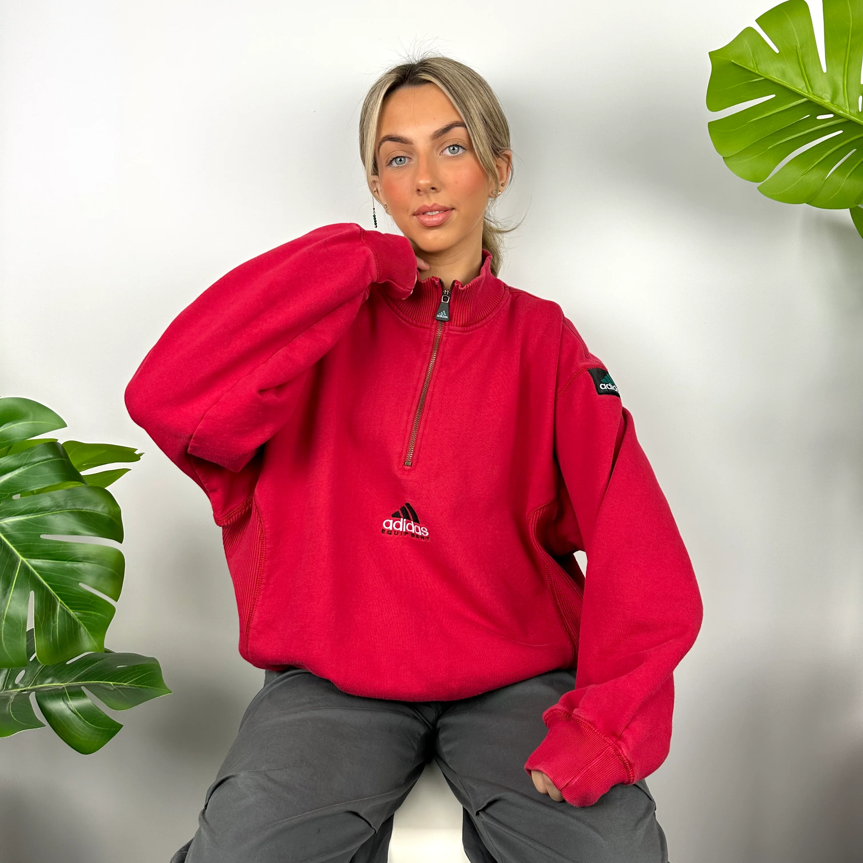 Adidas Equipment RARE Red Embroidered Spell Out Quarter Zip Sweatshirt (XL) - Image 4