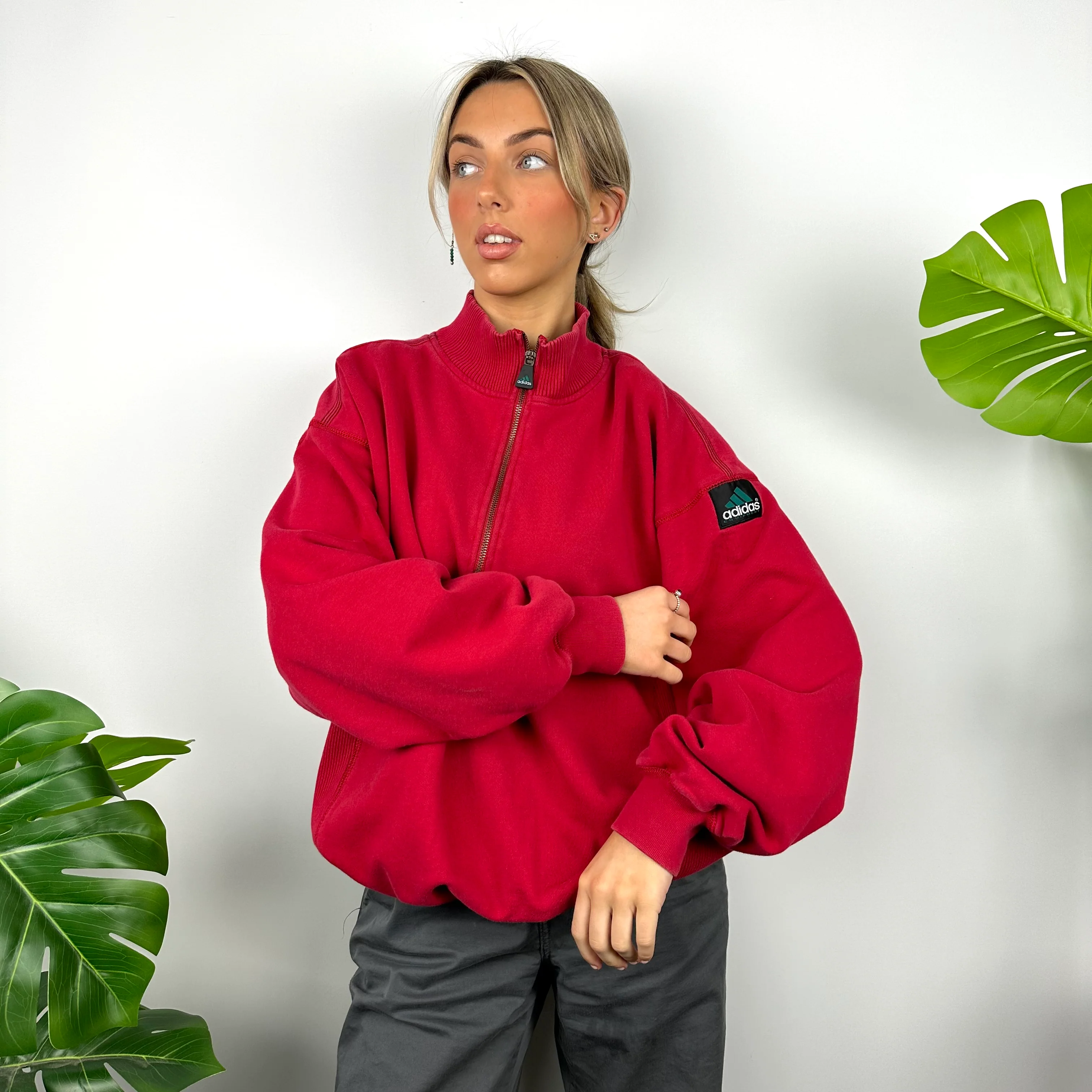 Adidas Equipment RARE Red Embroidered Spell Out Quarter Zip Sweatshirt (XL) - Image 6