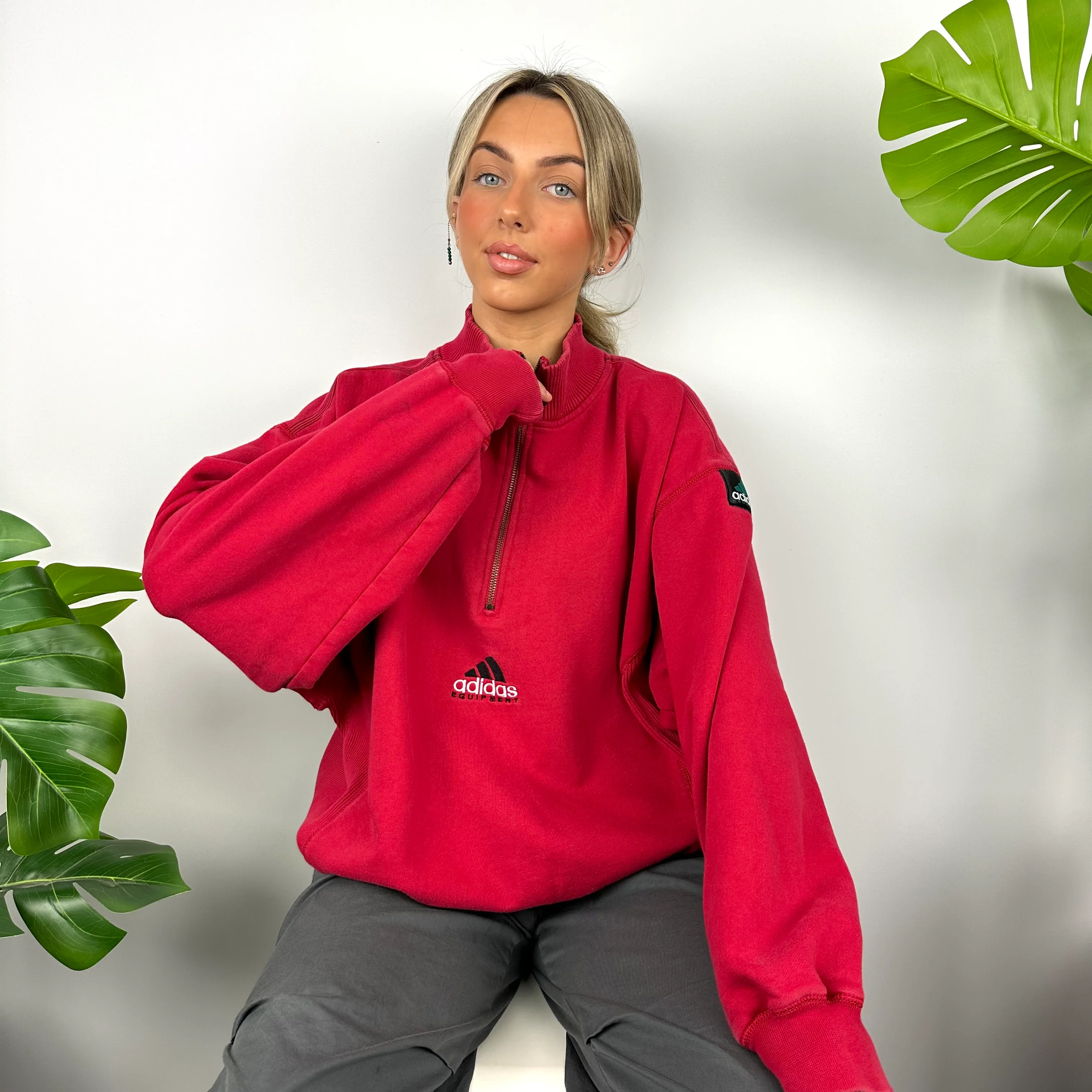Adidas Equipment RARE Red Embroidered Spell Out Quarter Zip Sweatshirt (XL) - Image 7