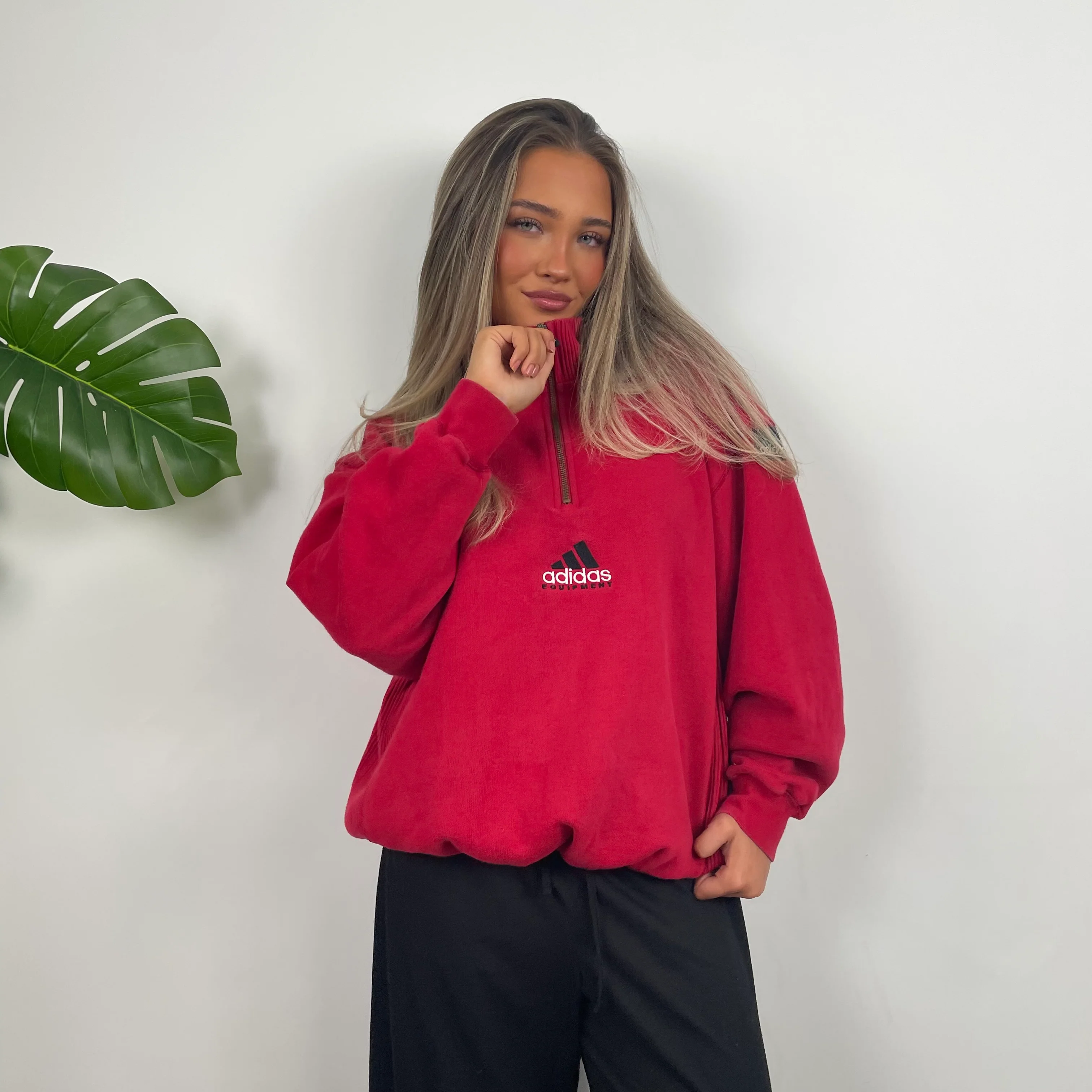 Adidas Equipment Red Embroidered Spell Out Quarter Zip Sweatshirt (M) - Image 5