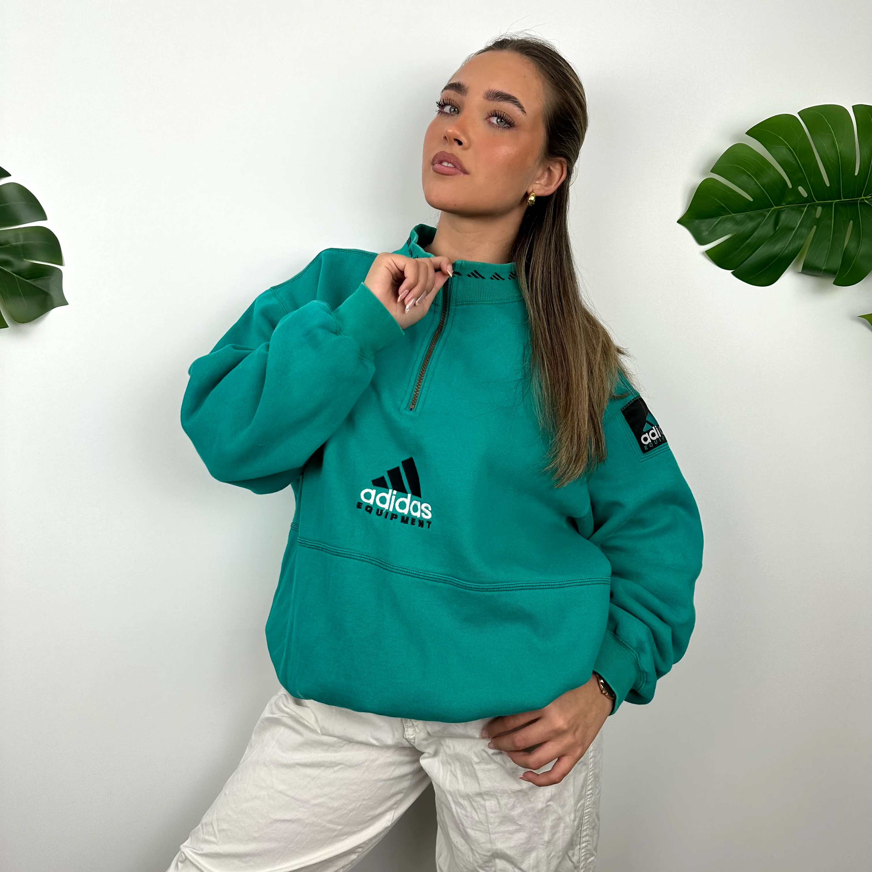 Adidas Equipment Turquoise Green Embroidered Spell Out Quarter Zip Sweatshirt (L) - Image 2