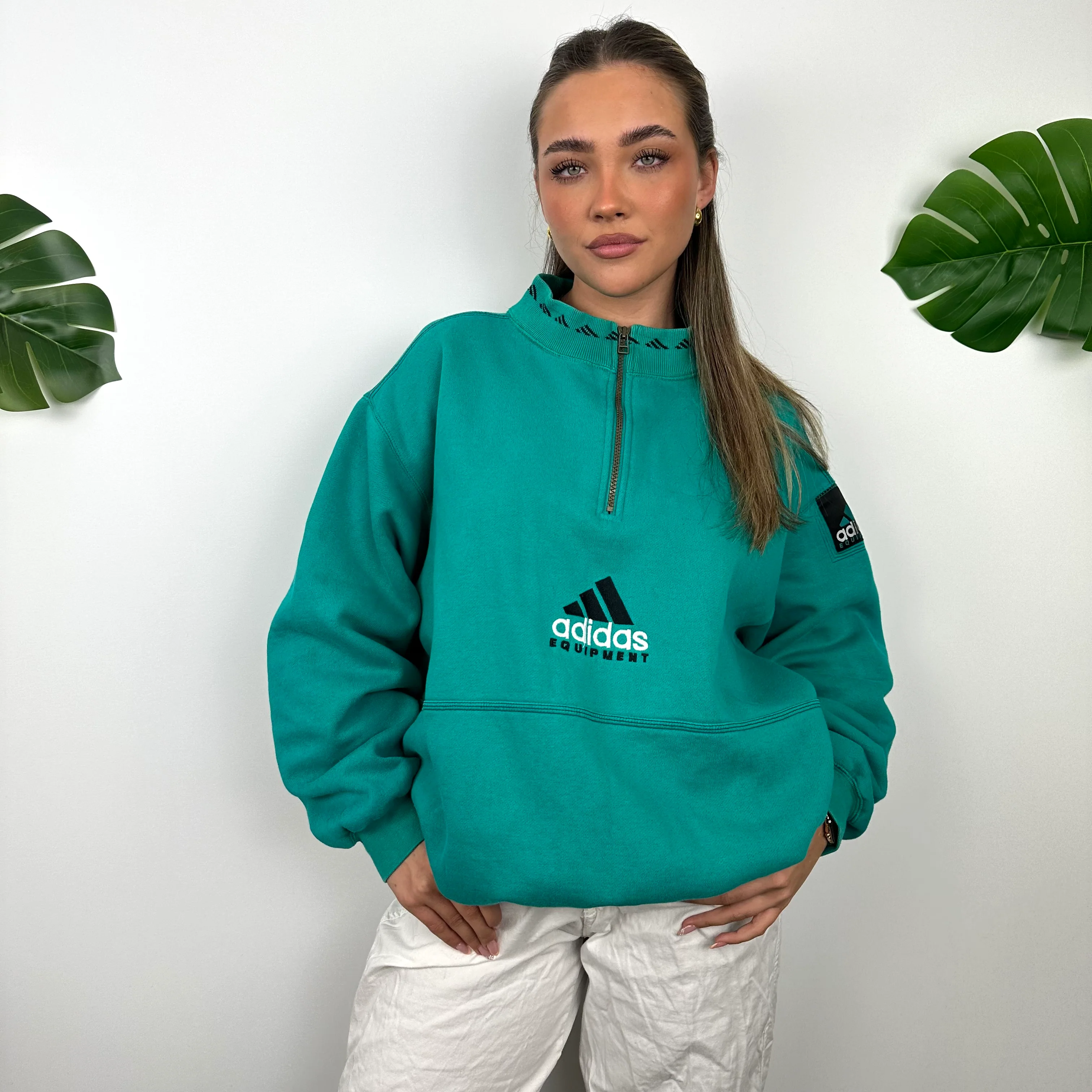 Adidas Equipment Turquoise Green Embroidered Spell Out Quarter Zip Sweatshirt (L) - Image 3
