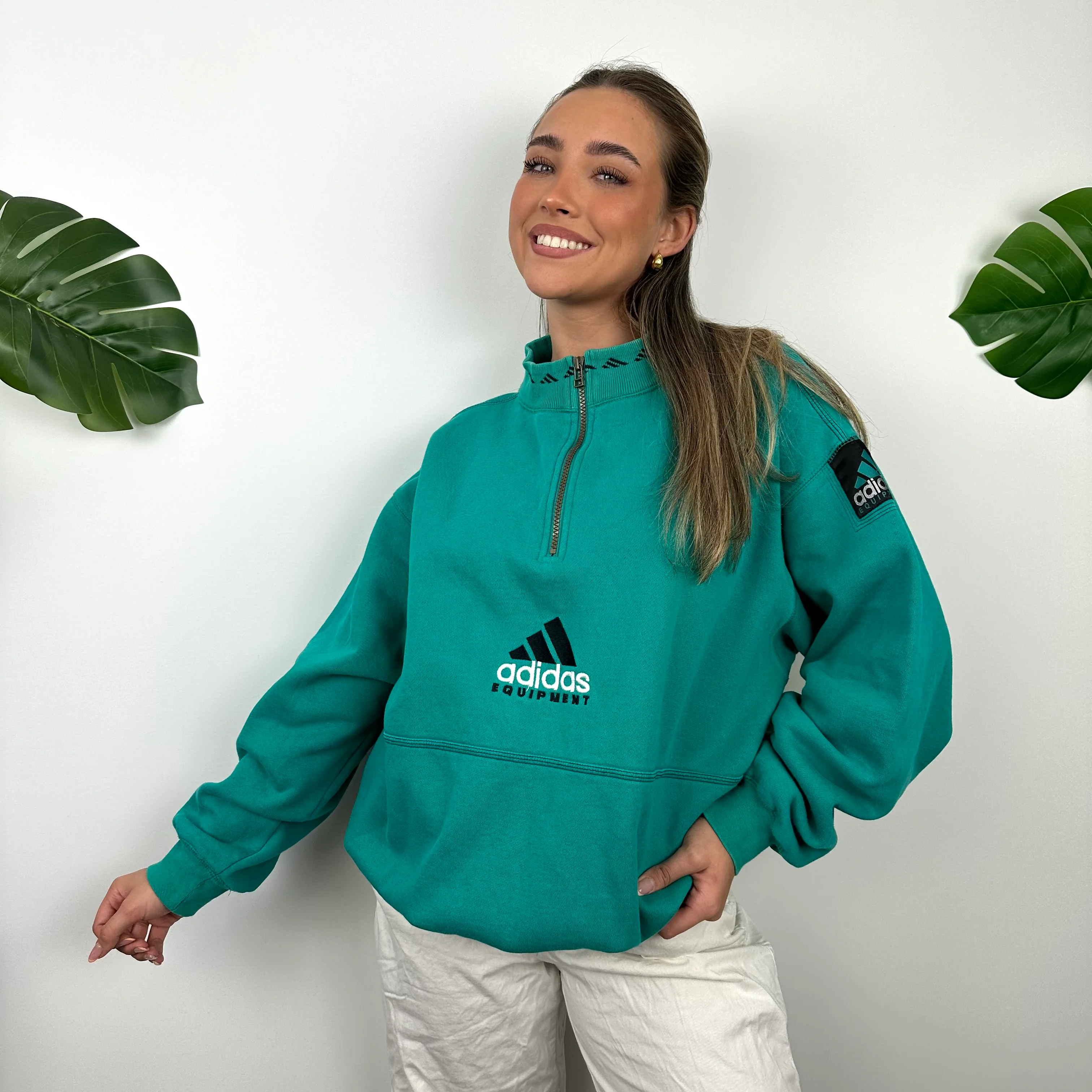 Adidas Equipment Turquoise Green Embroidered Spell Out Quarter Zip Sweatshirt (L) - Image 4
