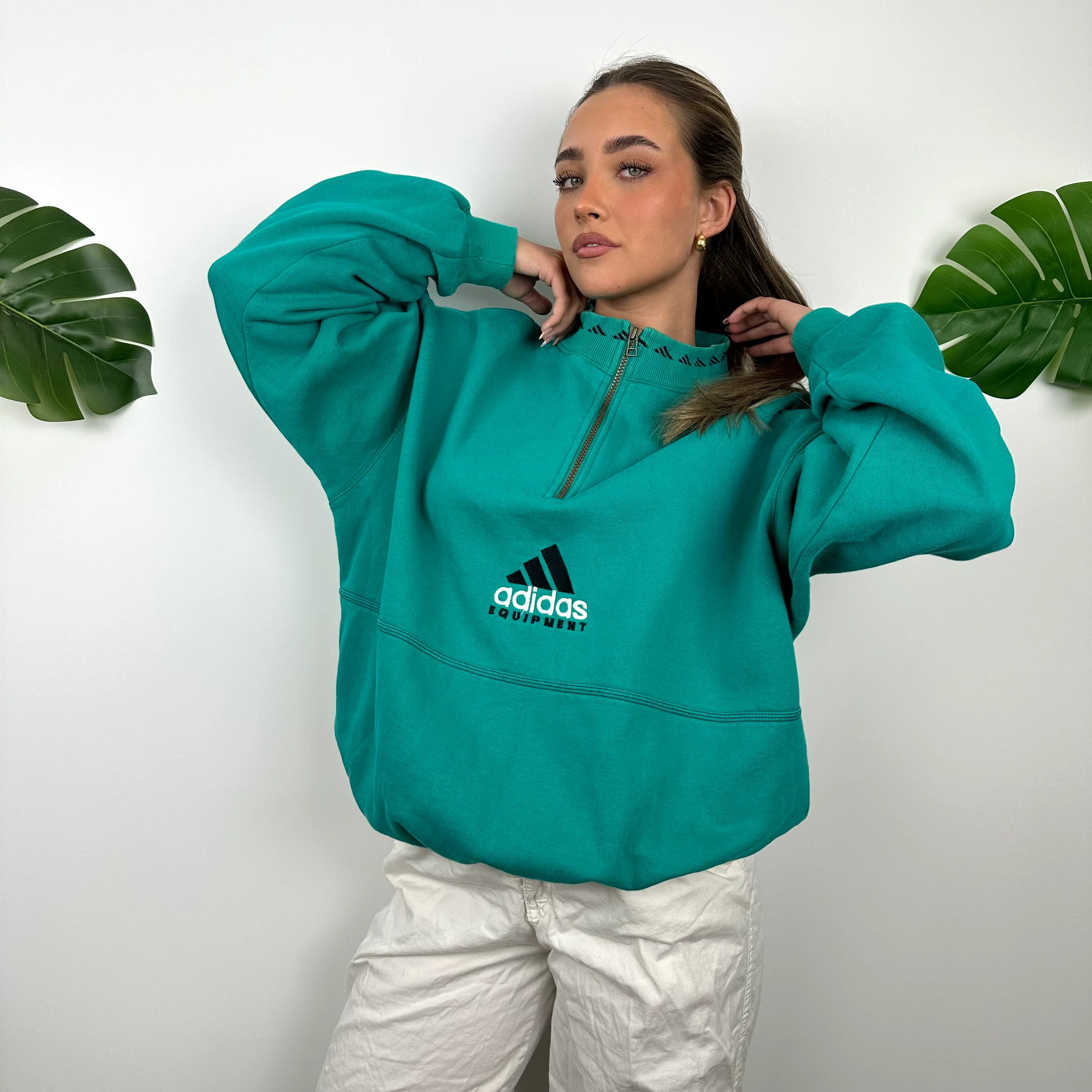 Adidas Equipment Turquoise Green Embroidered Spell Out Quarter Zip Sweatshirt (L) - Image 5