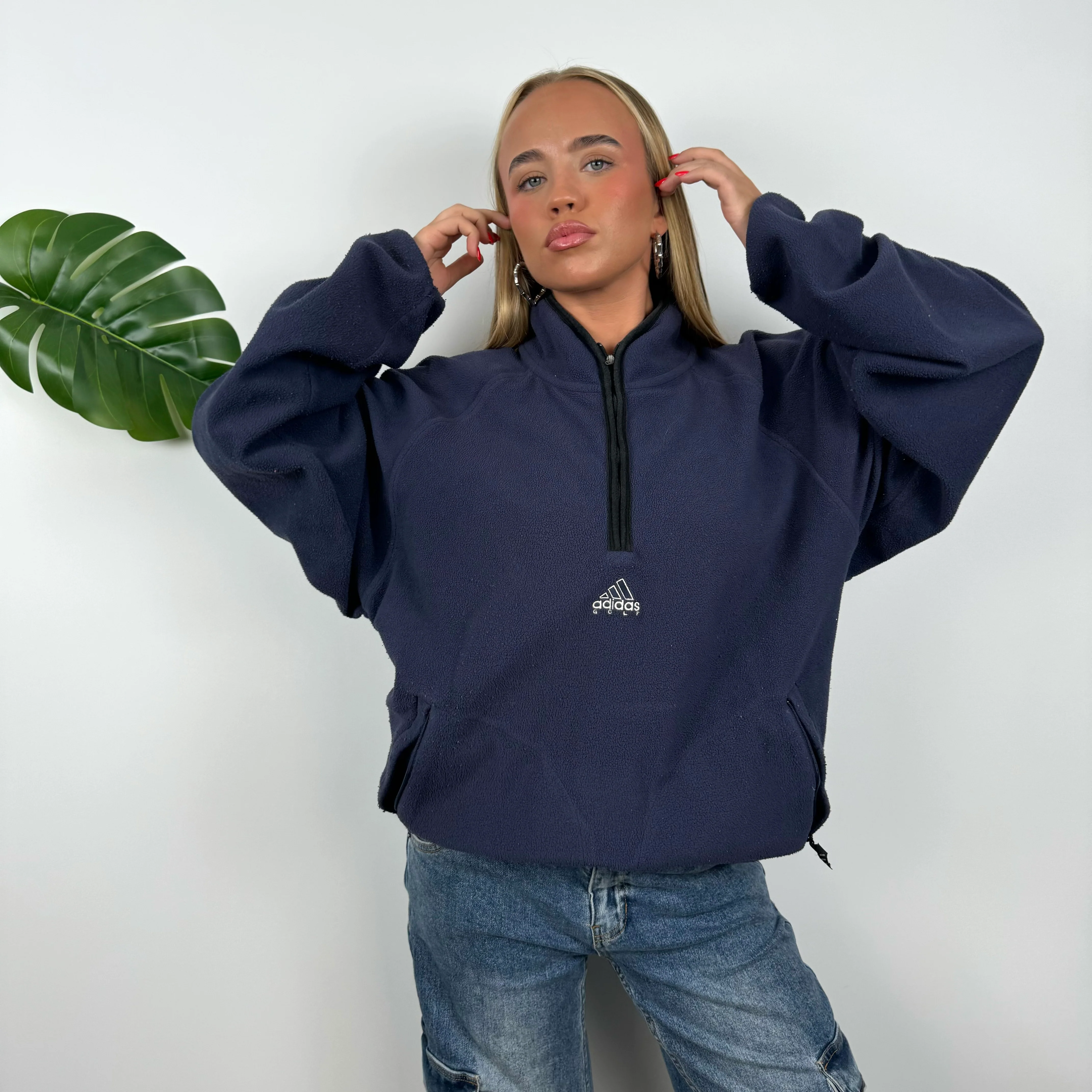 Adidas Golf Navy Embroidered Spell Out Teddy Bear Fleece Quarter Zip (L) - Image 2