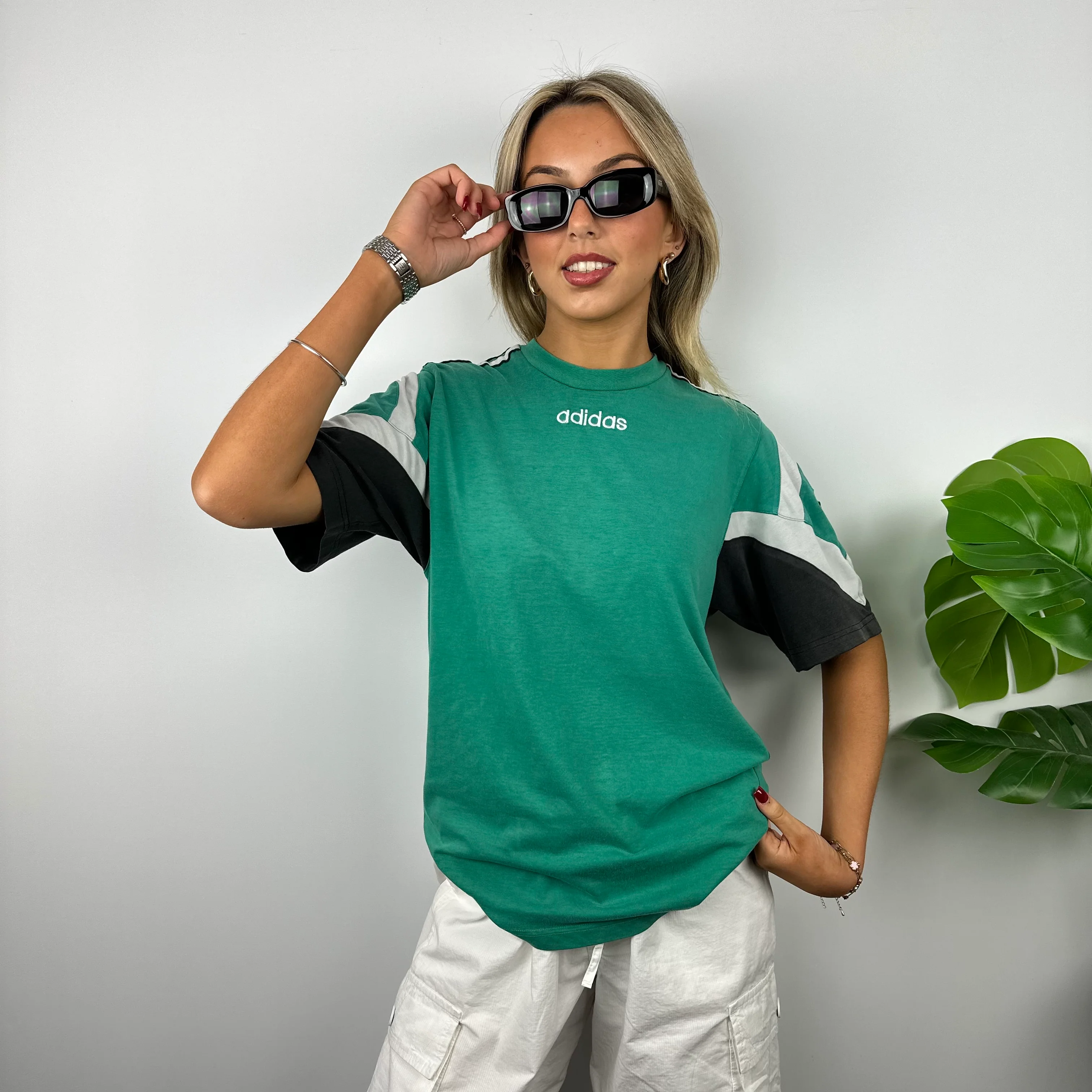 Adidas Green Embroidered Spell Out Colour Block T Shirt (M) - Image 2