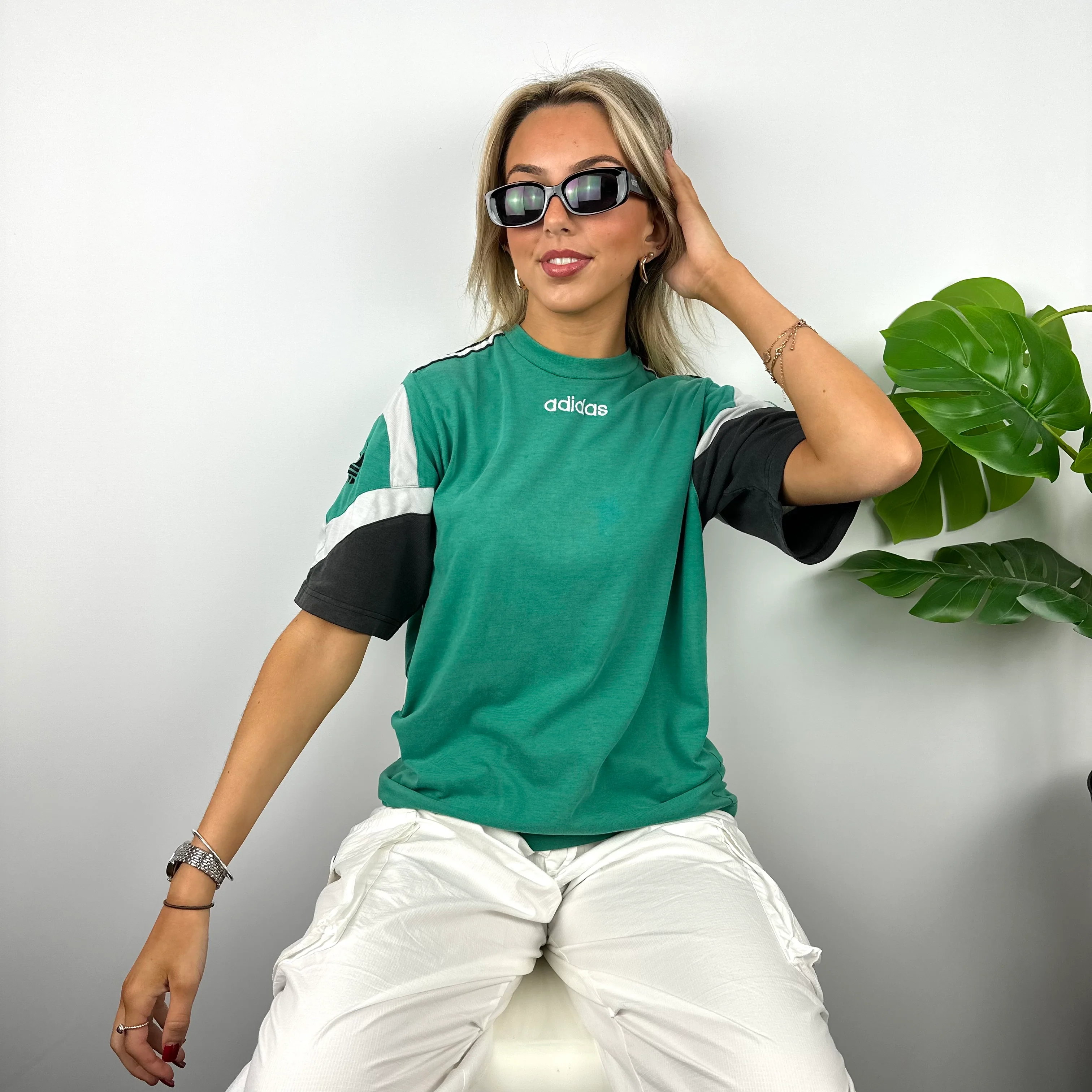 Adidas Green Embroidered Spell Out Colour Block T Shirt (M) - Image 3