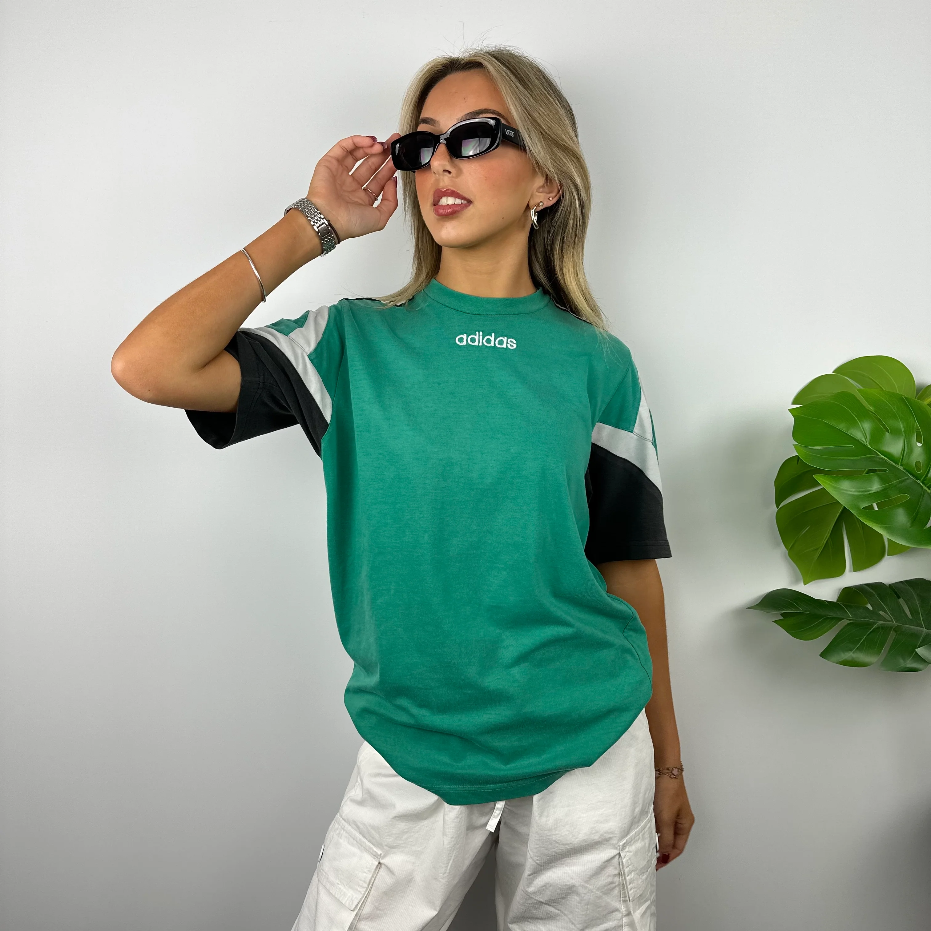 Adidas Green Embroidered Spell Out Colour Block T Shirt (M) - Image 4