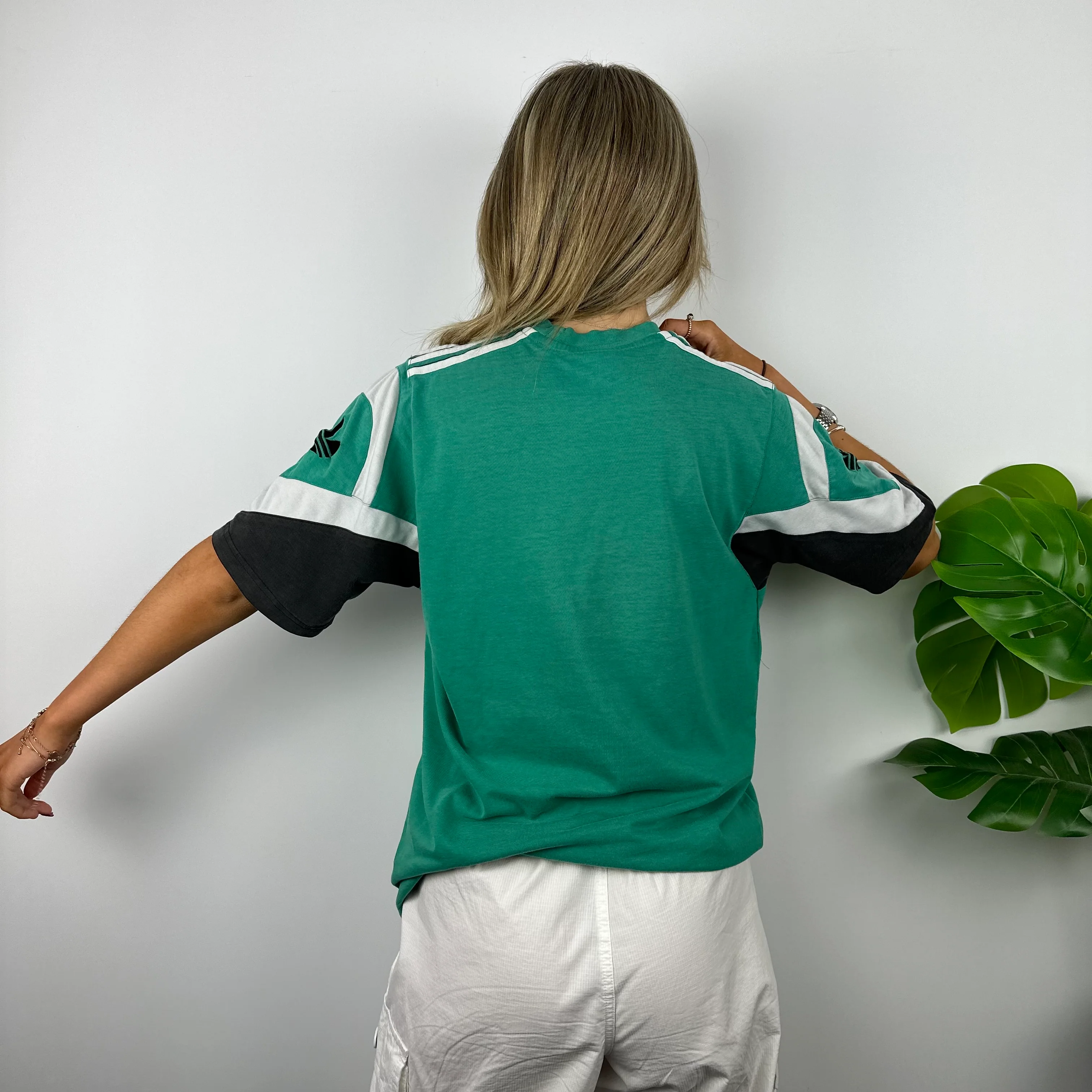 Adidas Green Embroidered Spell Out Colour Block T Shirt (M) - Image 5