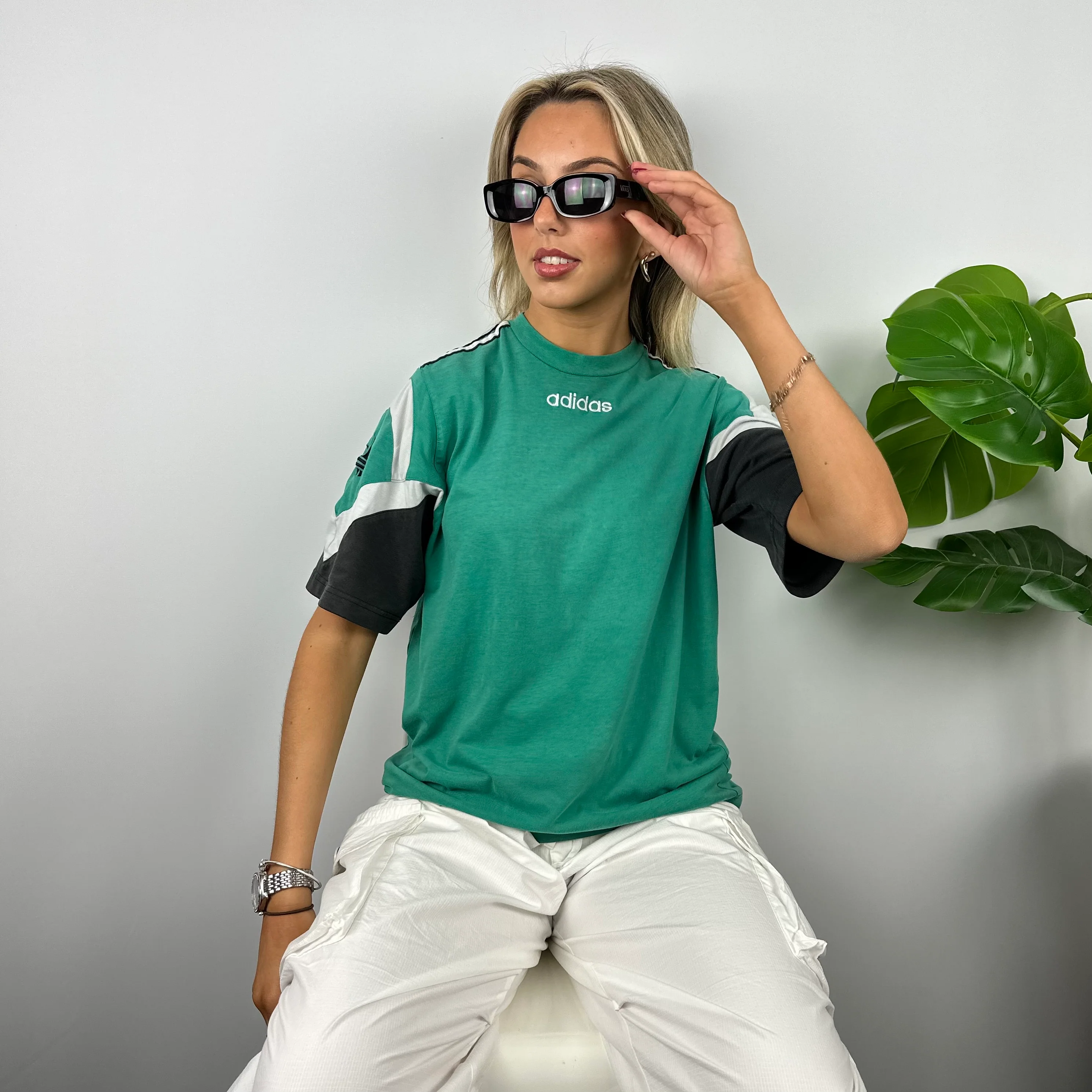 Adidas Green Embroidered Spell Out Colour Block T Shirt (M) - Image 6
