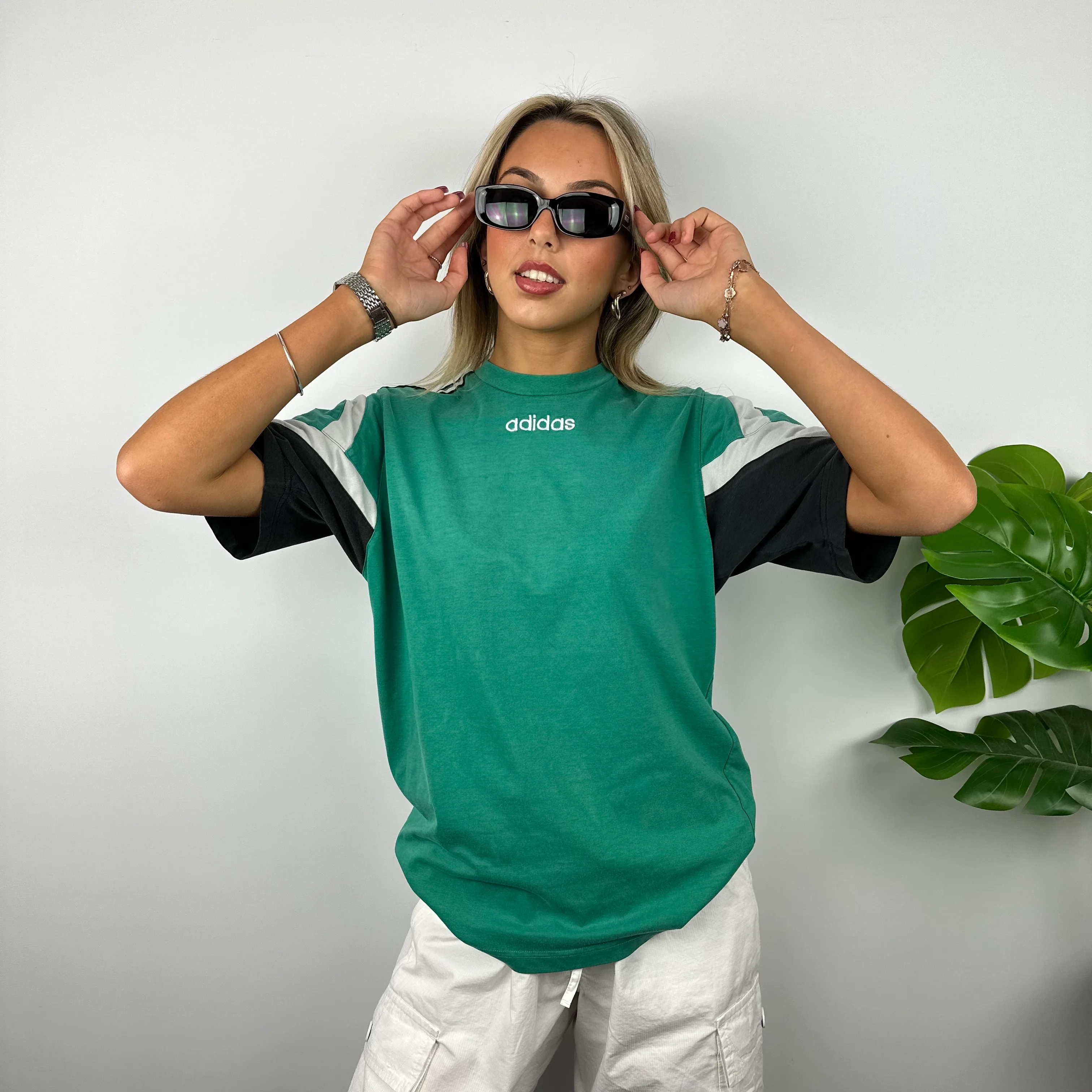 Adidas Green Embroidered Spell Out Colour Block T Shirt (M) - Image 7