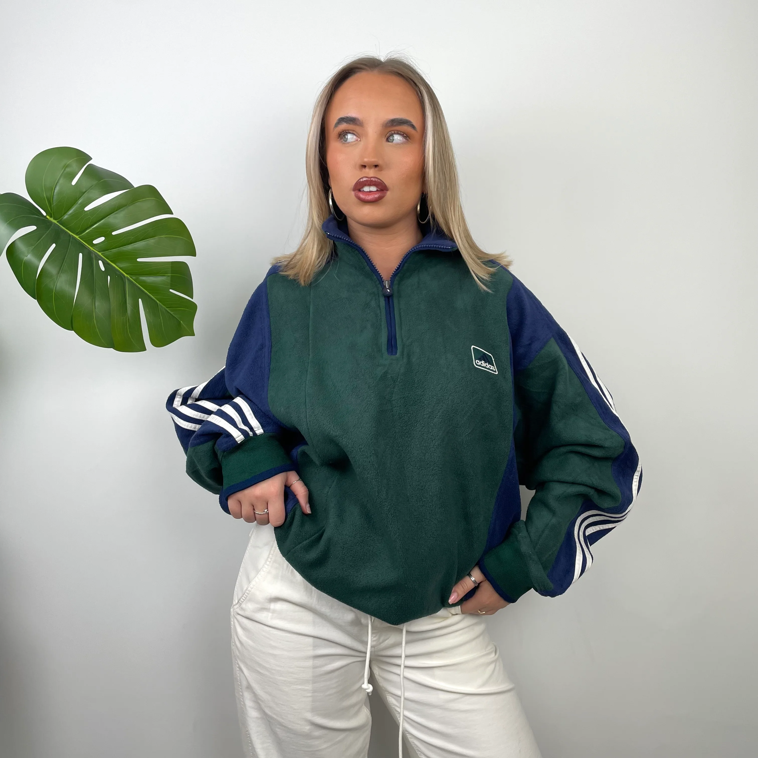 Adidas Green Embroidered Spell Out Fleece Quarter Zip Sweatshirt (L) - Image 2