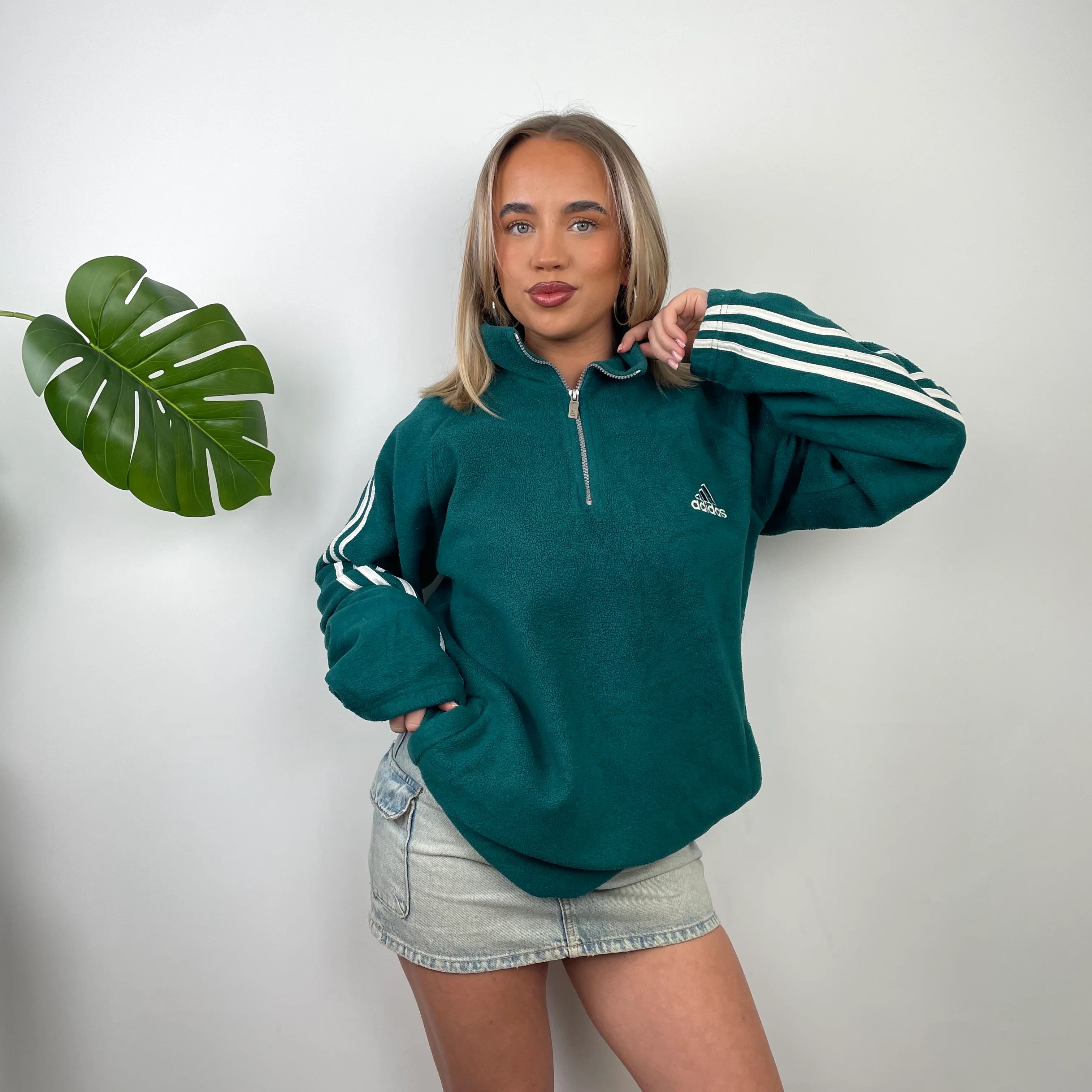 Adidas Green Embroidered Spell Out Fleece Quarter Zip Sweatshirt (XL)