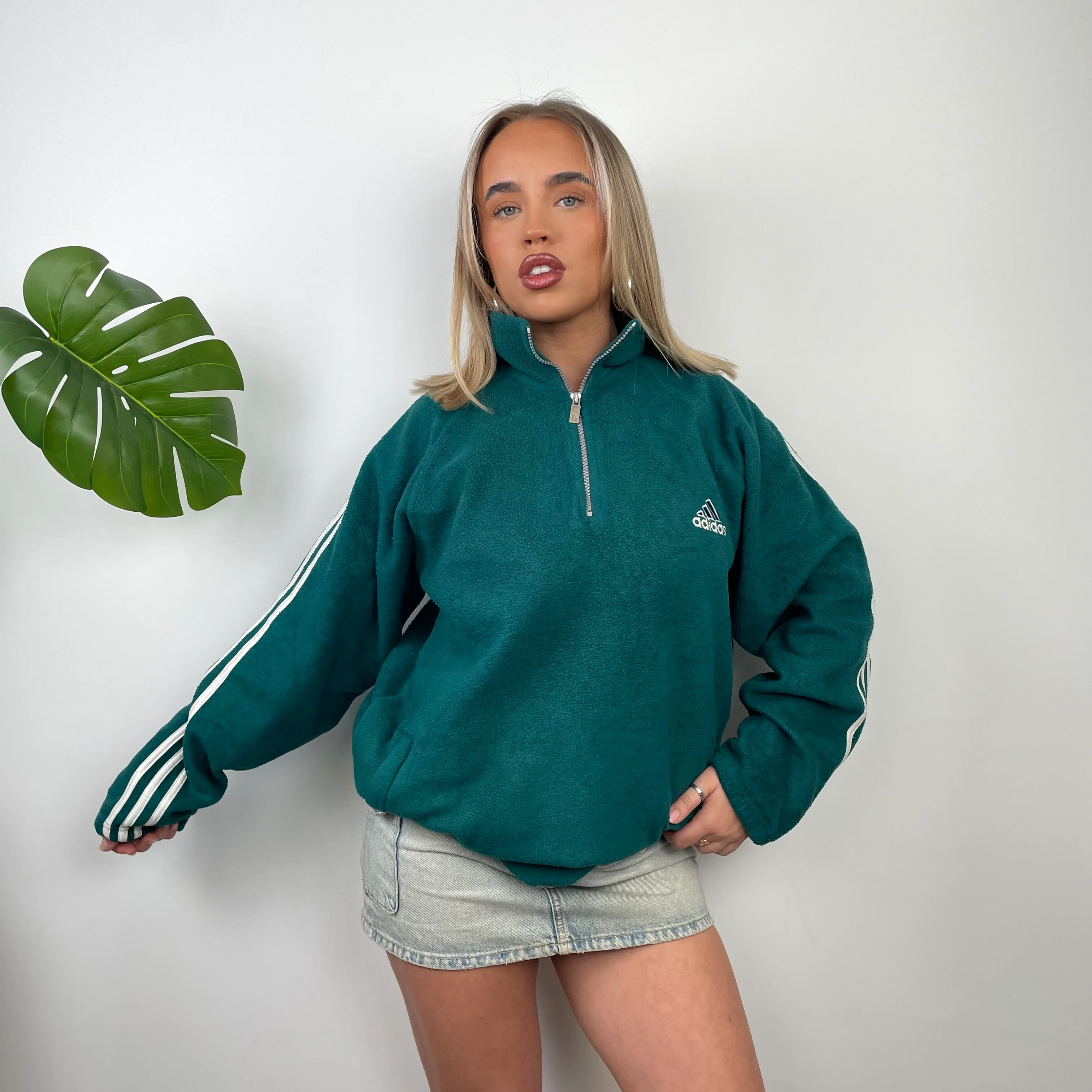 Adidas Green Embroidered Spell Out Fleece Quarter Zip Sweatshirt (XL) - Image 2