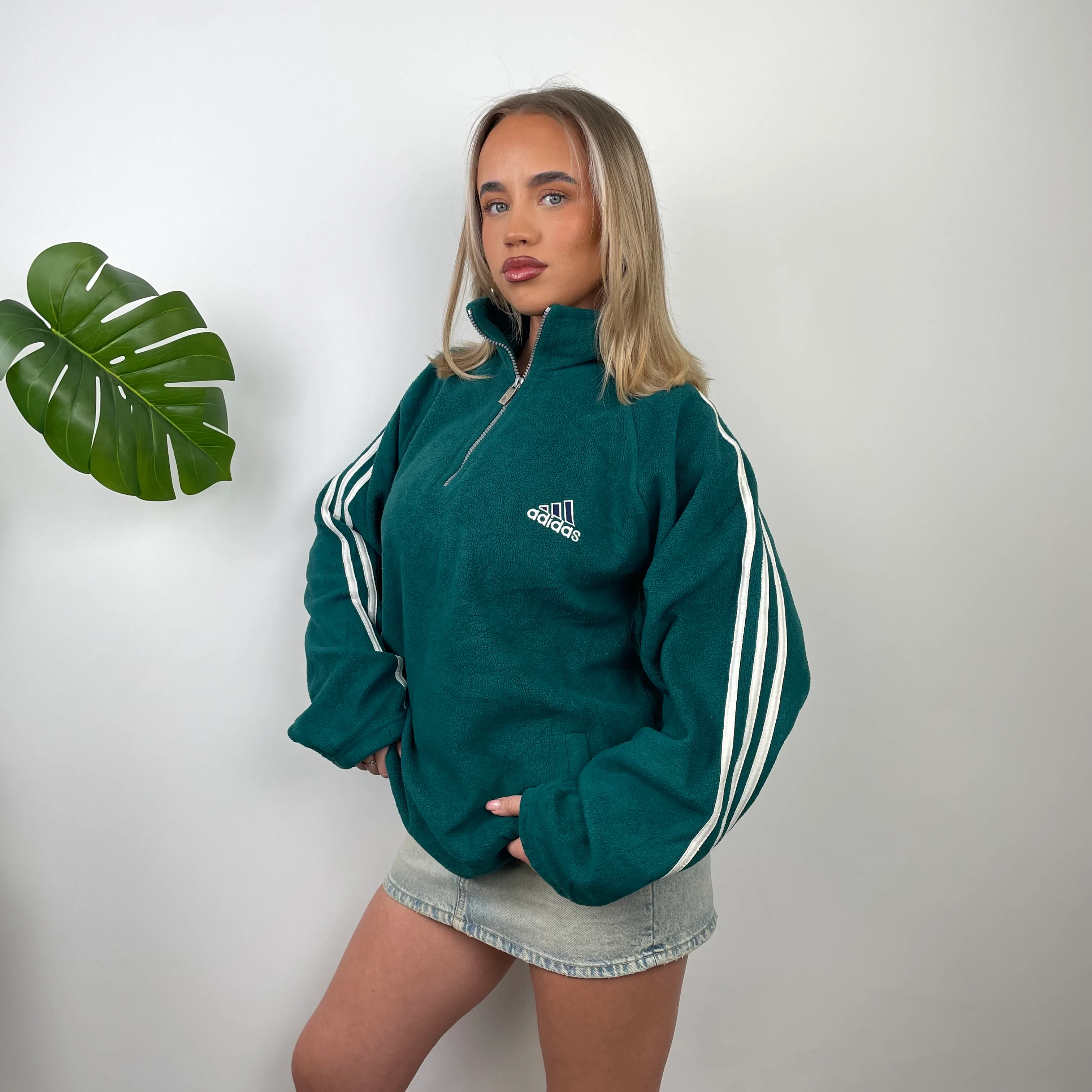 Adidas Green Embroidered Spell Out Fleece Quarter Zip Sweatshirt (XL) - Image 3
