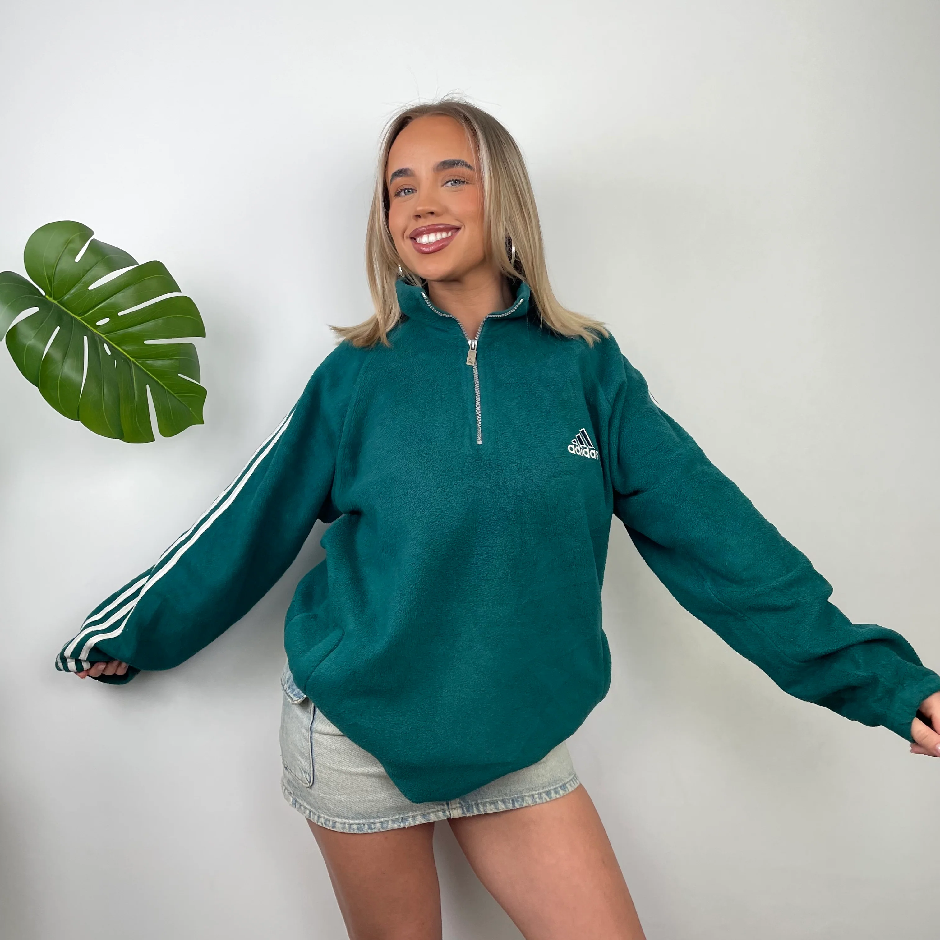 Adidas Green Embroidered Spell Out Fleece Quarter Zip Sweatshirt (XL) - Image 4