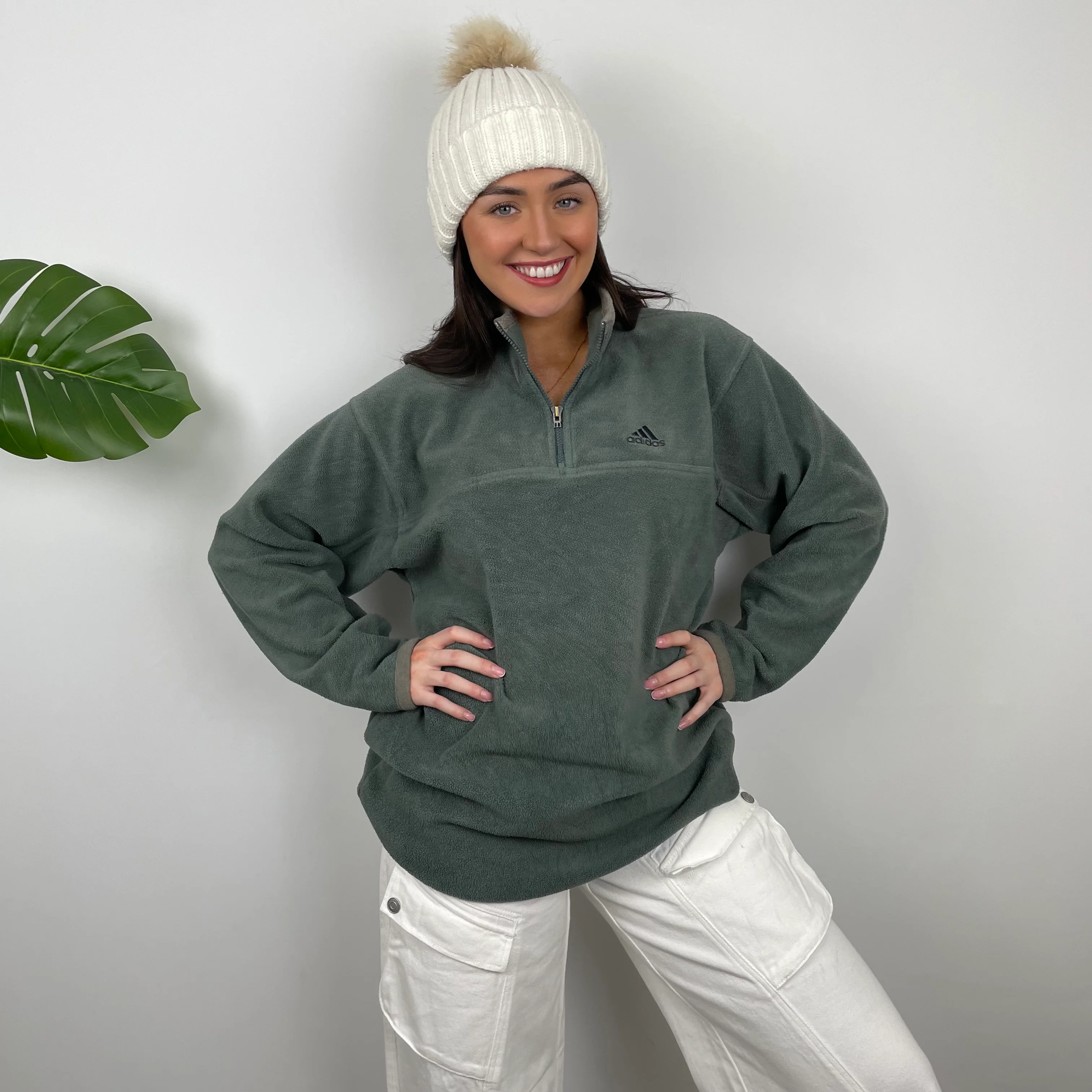 Adidas Green Embroidered Spell Out Fleece Quarter Zip Sweatshirt (XL)